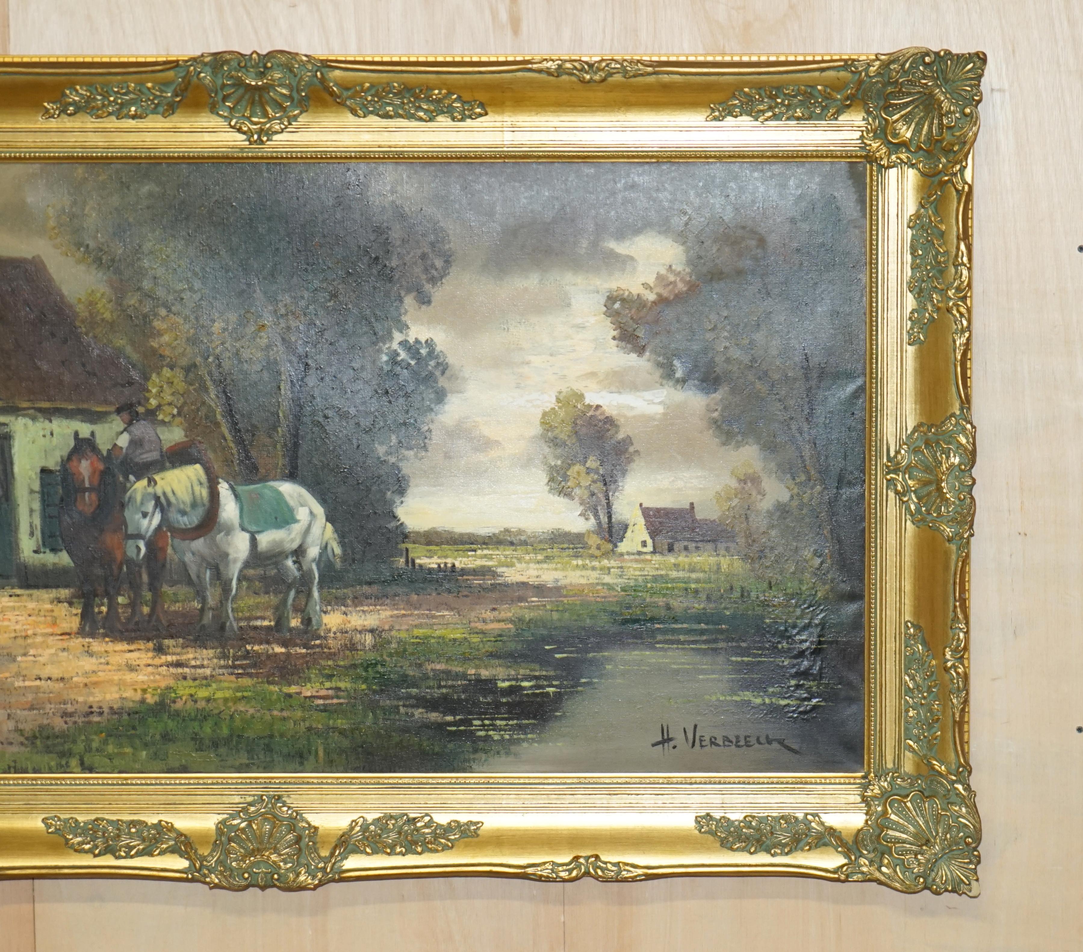 Canvas EXTRA LARGE 159X94CM H. VERBEELK SiGNED OIL PAINTING OF A RURAL SCENE WITH HORSE For Sale
