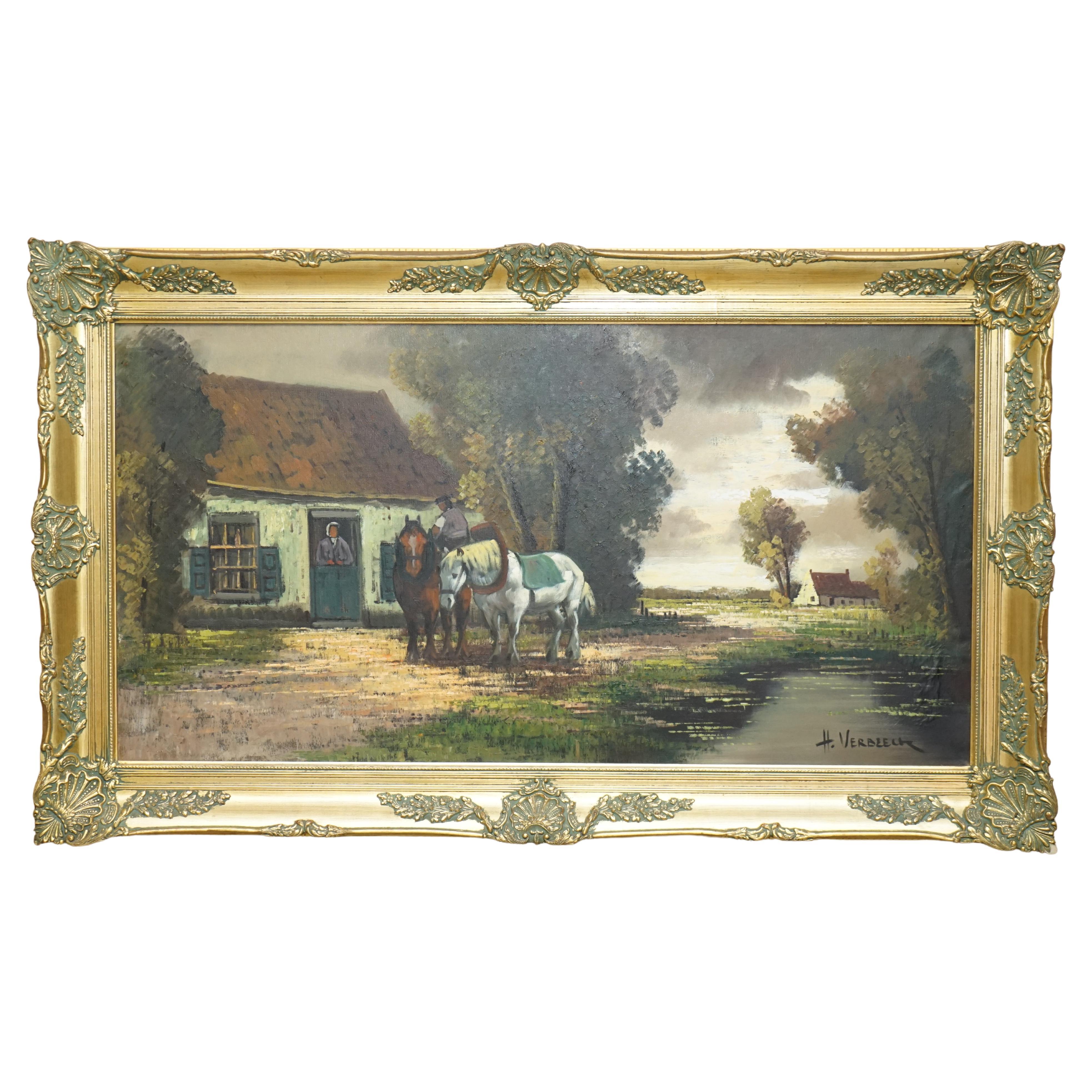 EXTRA LARGE 159X94CM H. VERBEELK SiGNED OIL PAINTING OF A RURAL SCENE WITH HORSE For Sale