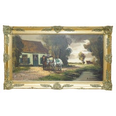 Antique EXTRA LARGE 159X94CM H. VERBEELK SiGNED OIL PAINTING OF A RURAL SCENE WITH HORSE