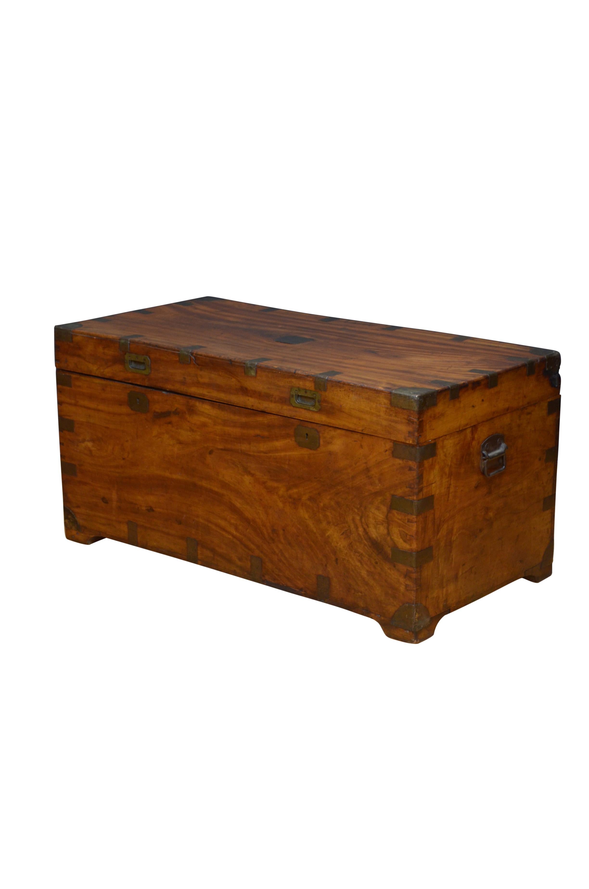 K0172 Extra large19th century camphor wood military trunk with brass corners and hinged lid which opens to reveal a large compartment space, the sides of the trunk having the original metal carrying handles. This antique trunk shows signs of usage,