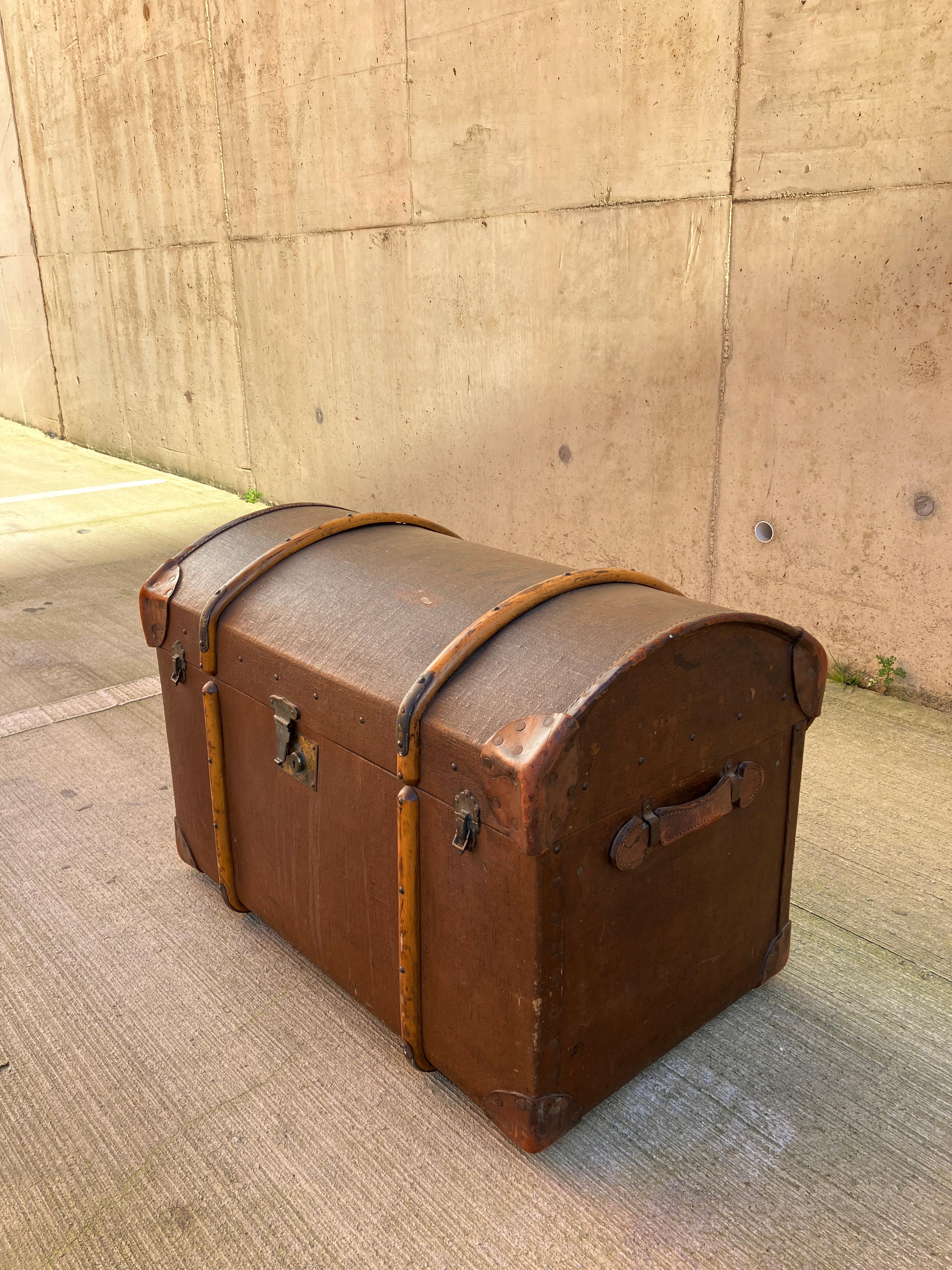 Extra Large English Victorian Dome Top Steamer Travel Trunk. Monogrammed F.H.D. For Sale 4