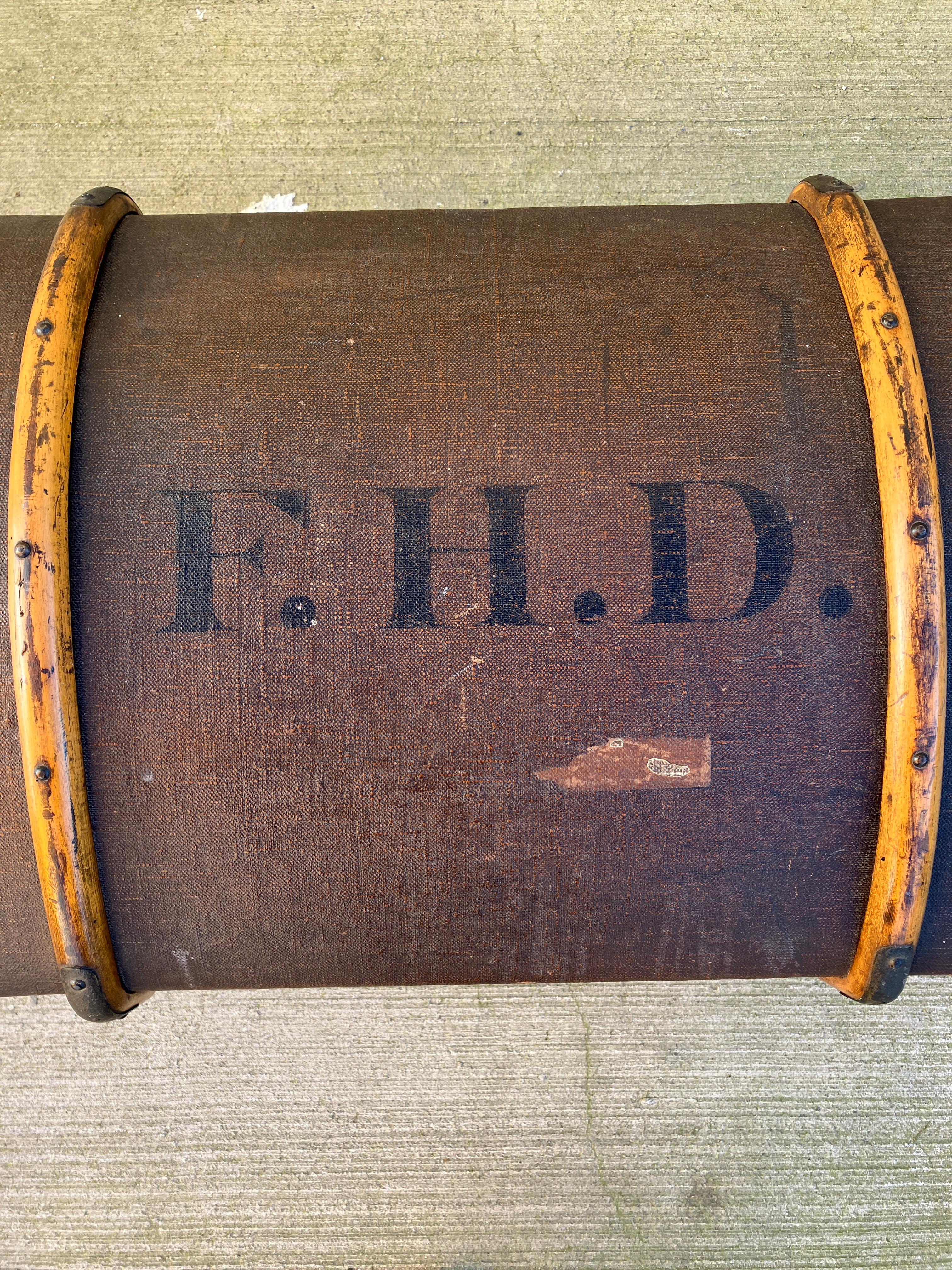 British Extra Large English Victorian Dome Top Steamer Travel Trunk. Monogrammed F.H.D. For Sale