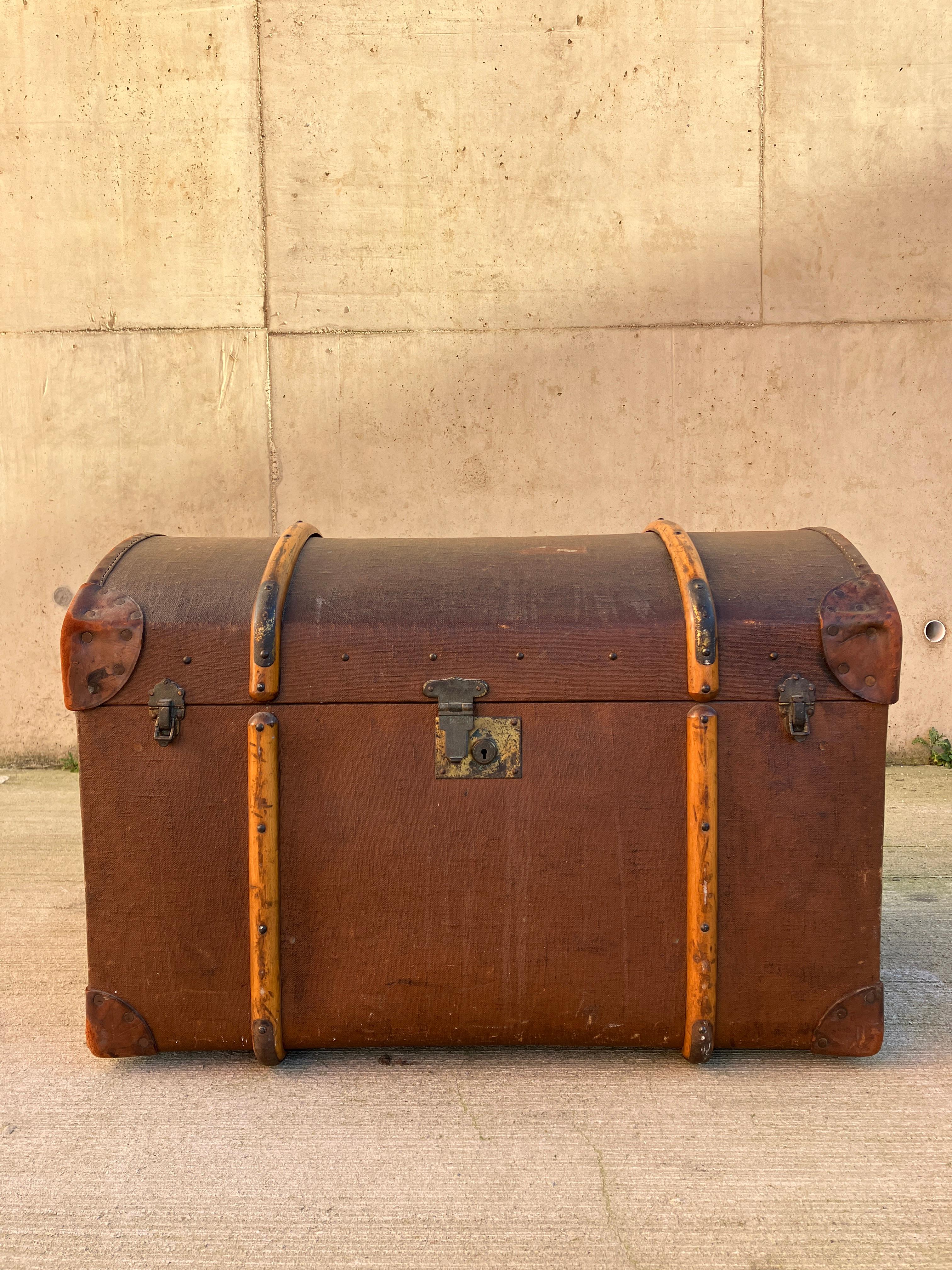 19th Century Extra Large English Victorian Dome Top Steamer Travel Trunk. Monogrammed F.H.D. For Sale