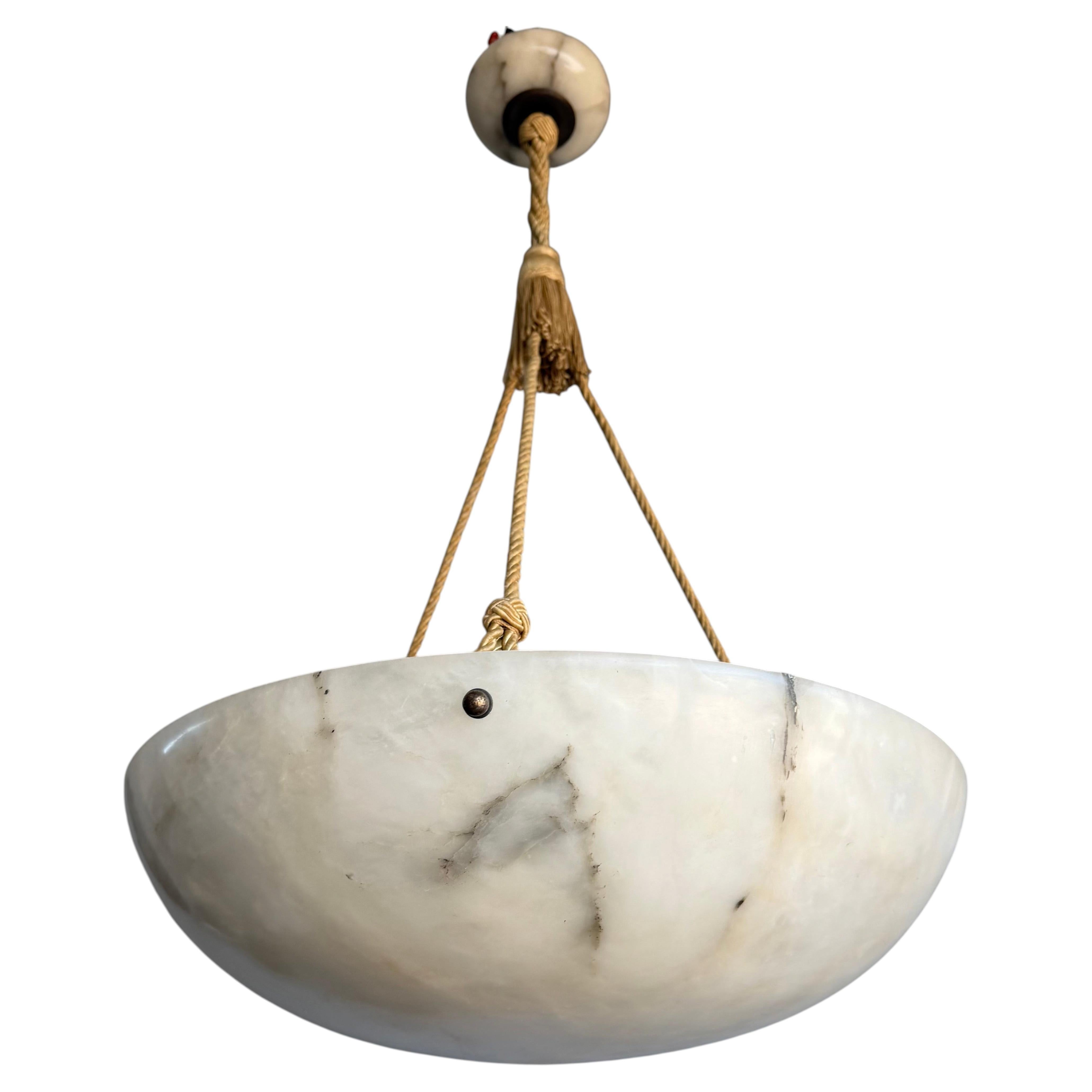 Extra Large 21.65" Art Deco Alabaster Three-Light Pendant with Silk Cords, 1920s