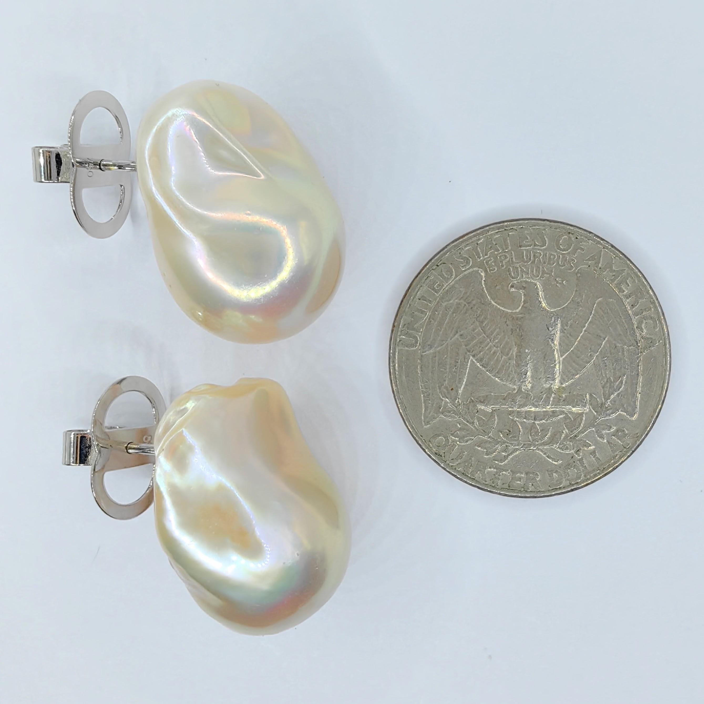 Extra Large 21mm Iridescent White Baroque Pearl Stud Earrings In 18K White Gold 4