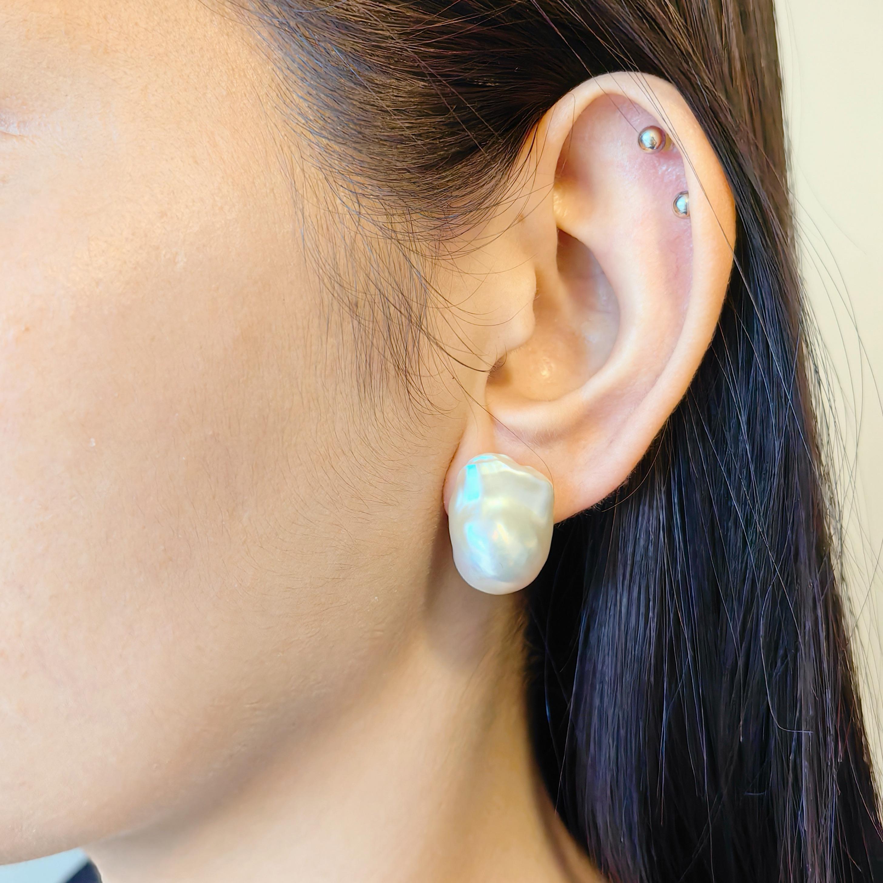 Extra Large 21mm Iridescent White Baroque Pearl Stud Earrings In 18K White Gold 5