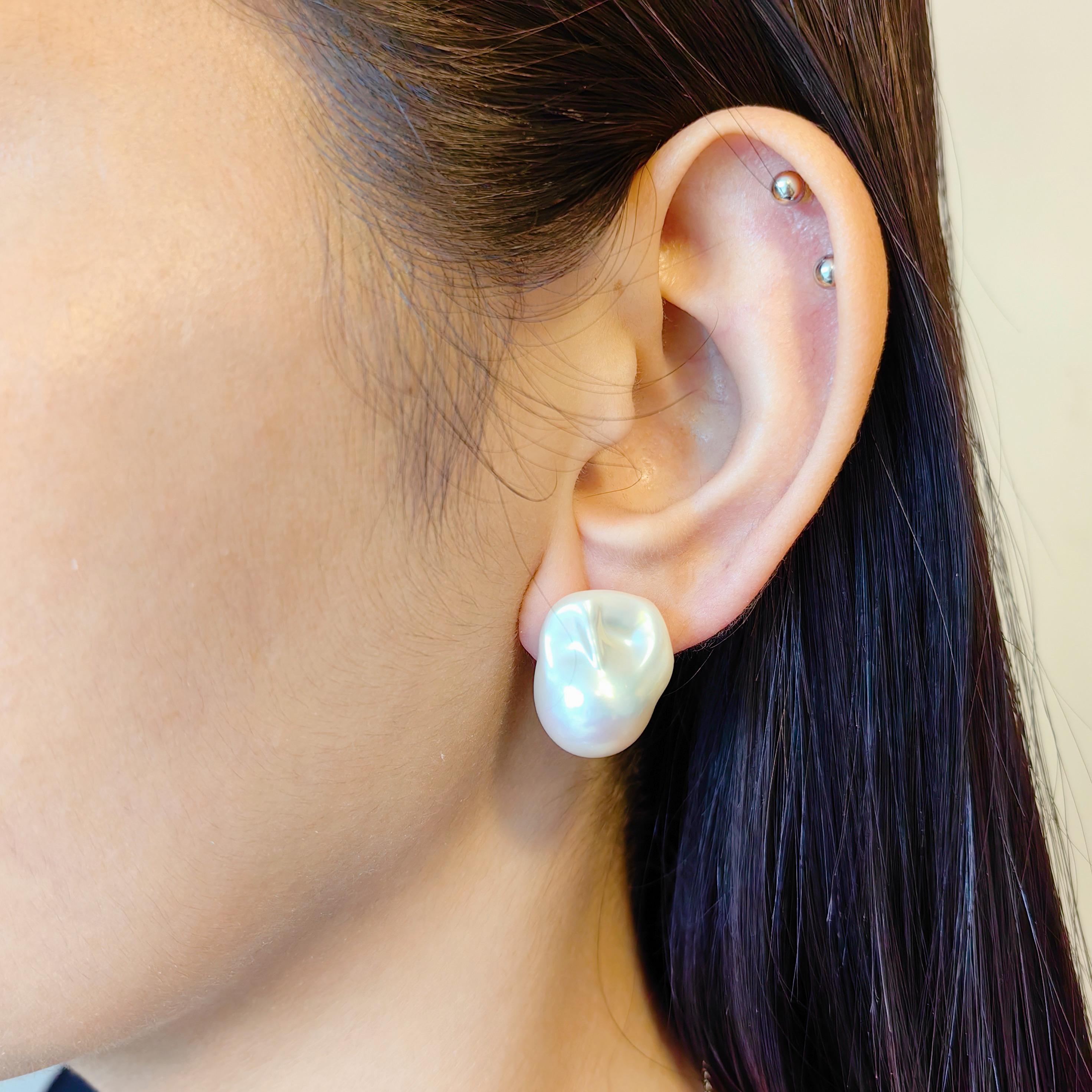 Extra Large 21mm Iridescent White Baroque Pearl Stud Earrings In 18K White Gold 6
