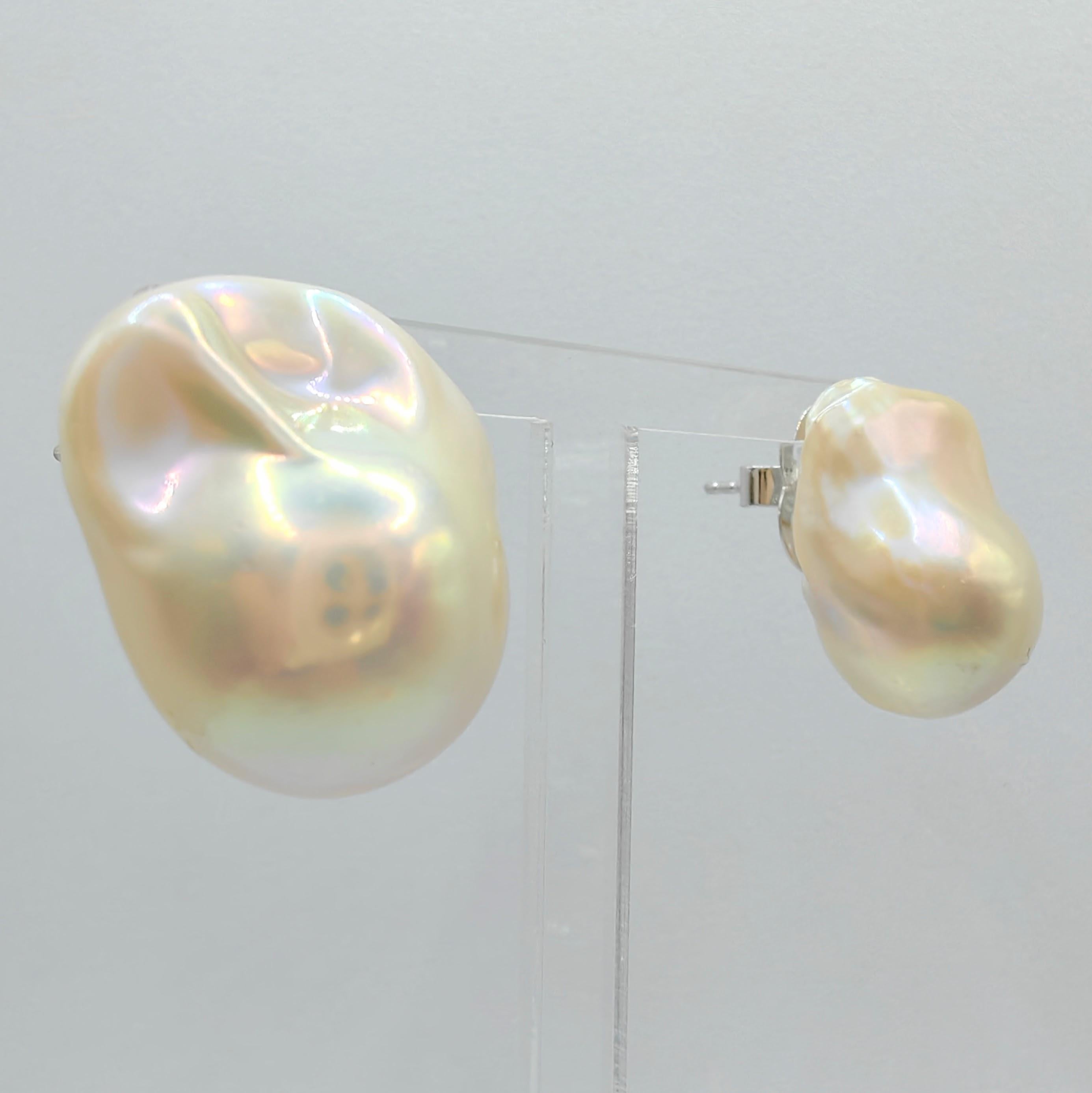 Uncut Extra Large 21mm Iridescent White Baroque Pearl Stud Earrings In 18K White Gold