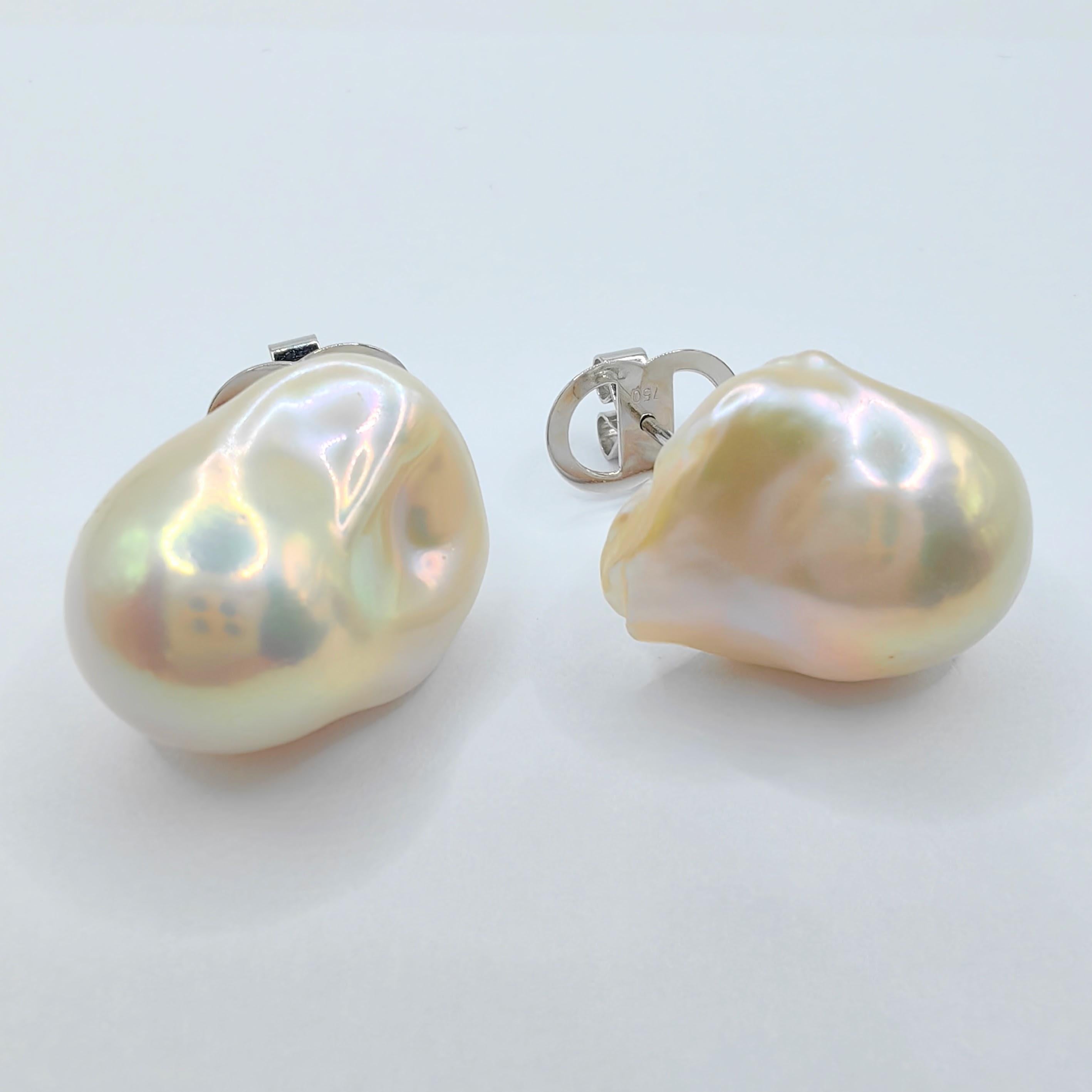 Women's Extra Large 21mm Iridescent White Baroque Pearl Stud Earrings In 18K White Gold