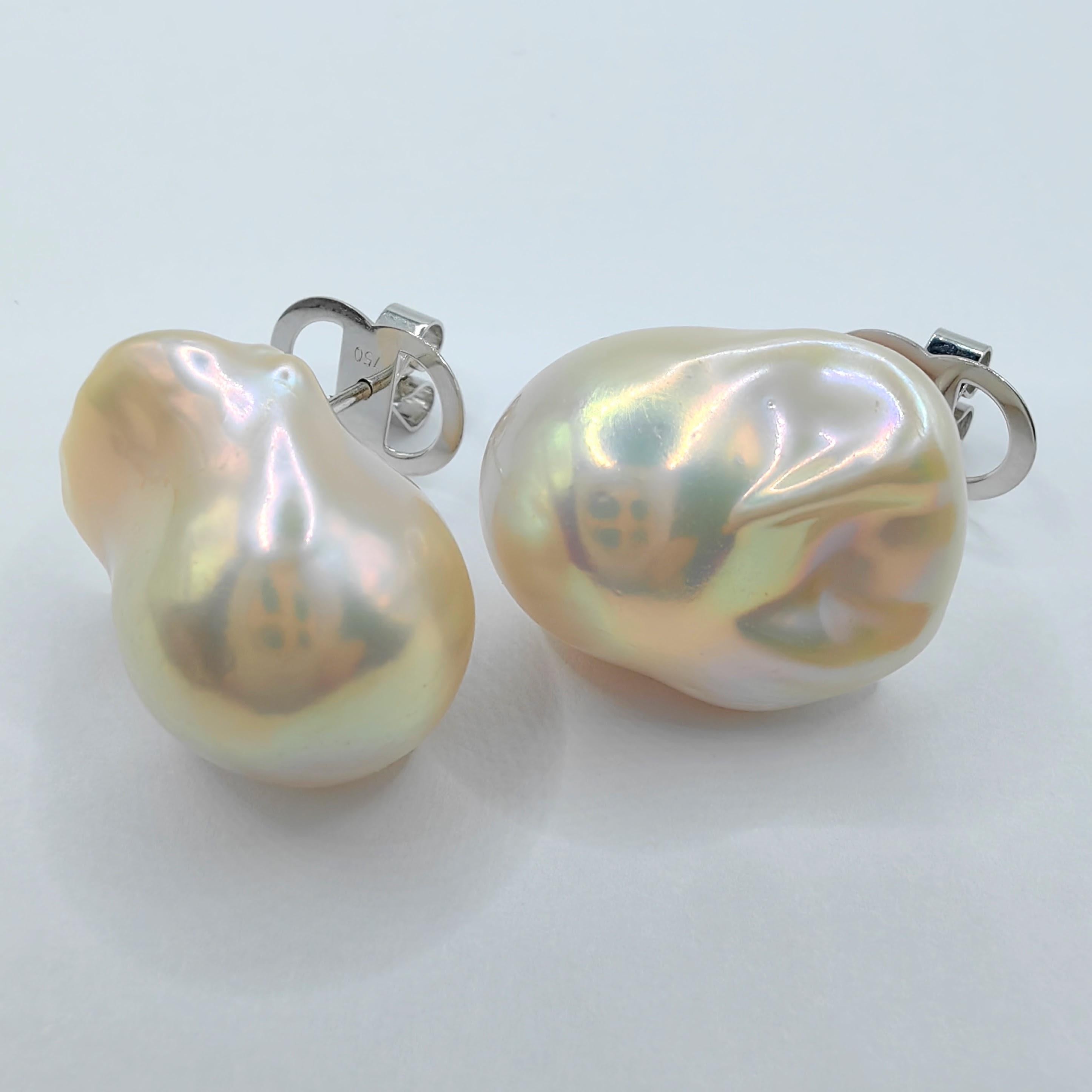 Extra Large 21mm Iridescent White Baroque Pearl Stud Earrings In 18K White Gold 1