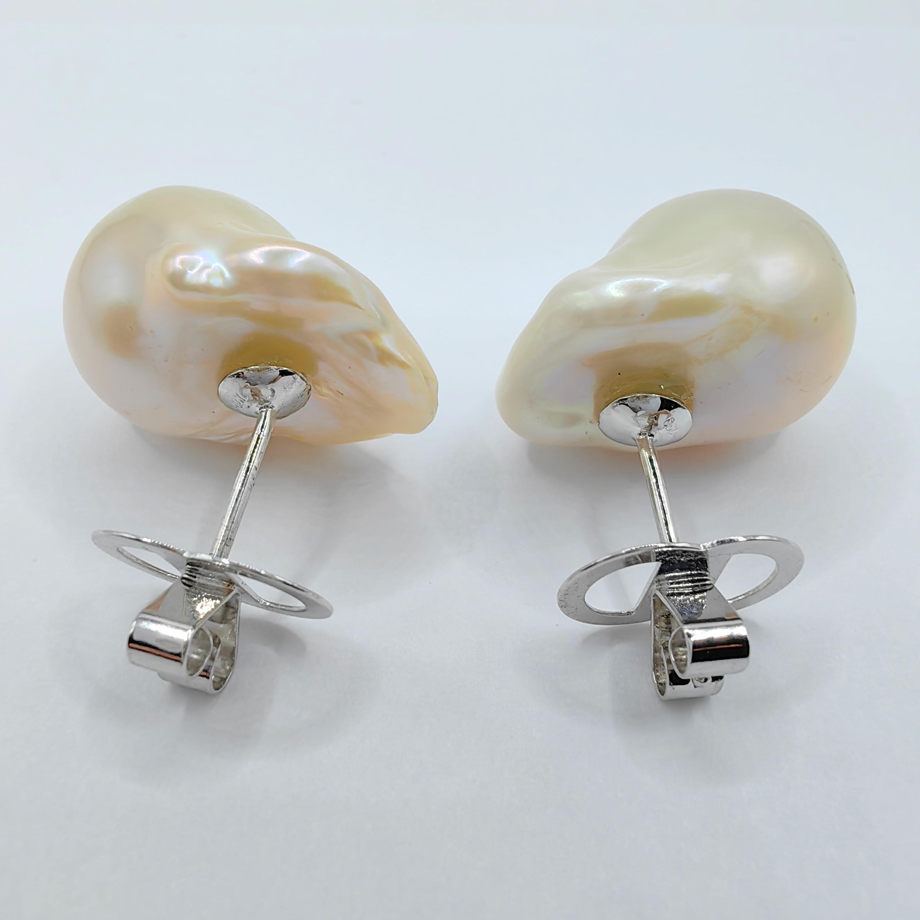 Extra Large 21mm Iridescent White Baroque Pearl Stud Earrings In 18K White Gold 2