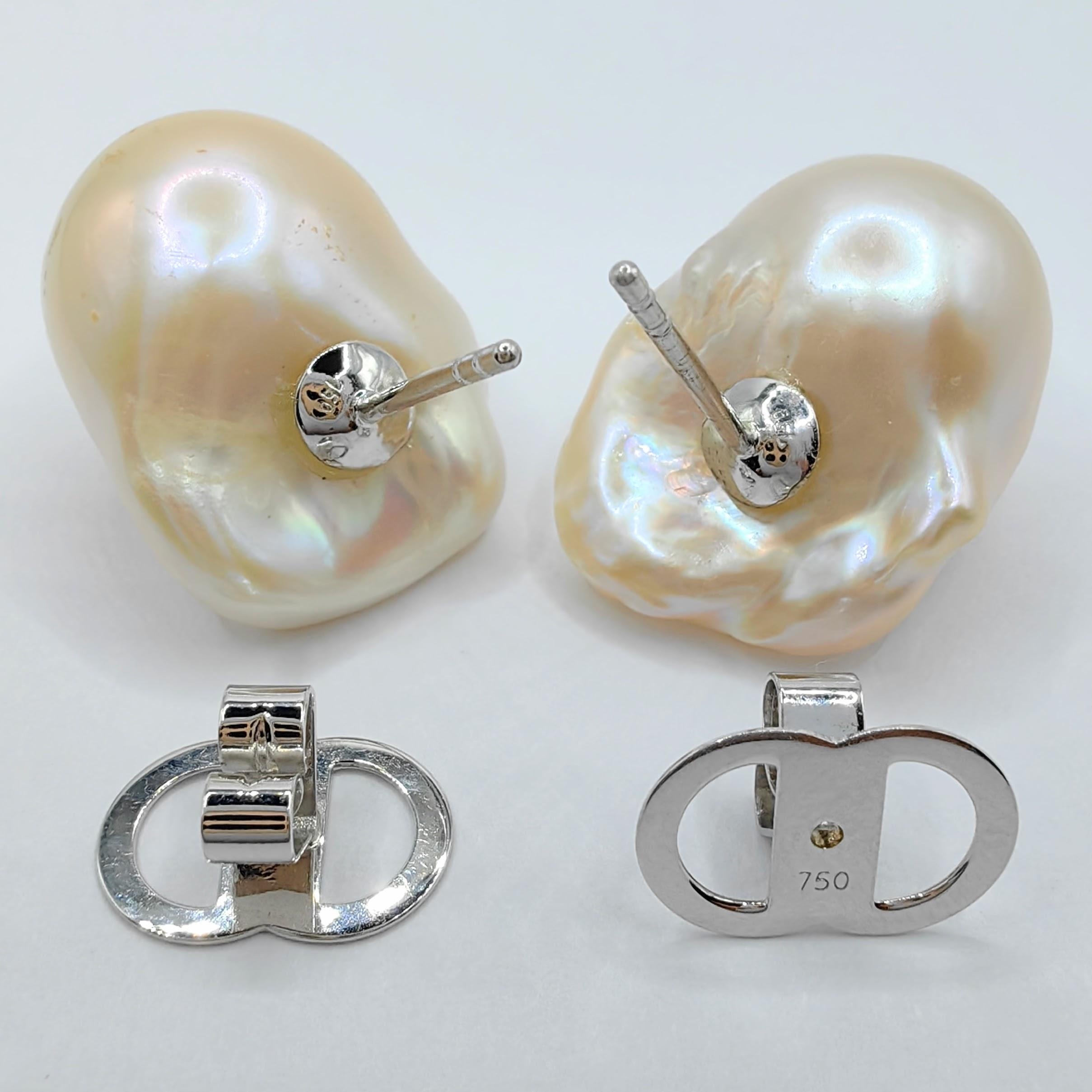 Extra Large 21mm Iridescent White Baroque Pearl Stud Earrings In 18K White Gold 3
