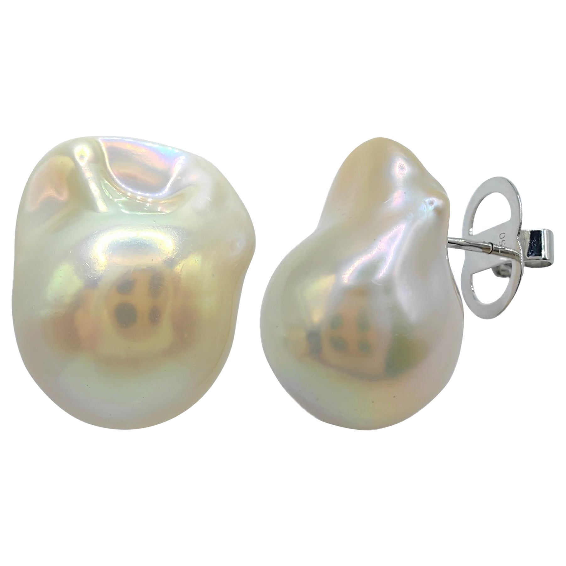Extra Large 21mm Iridescent White Baroque Pearl Stud Earrings In 18K White Gold