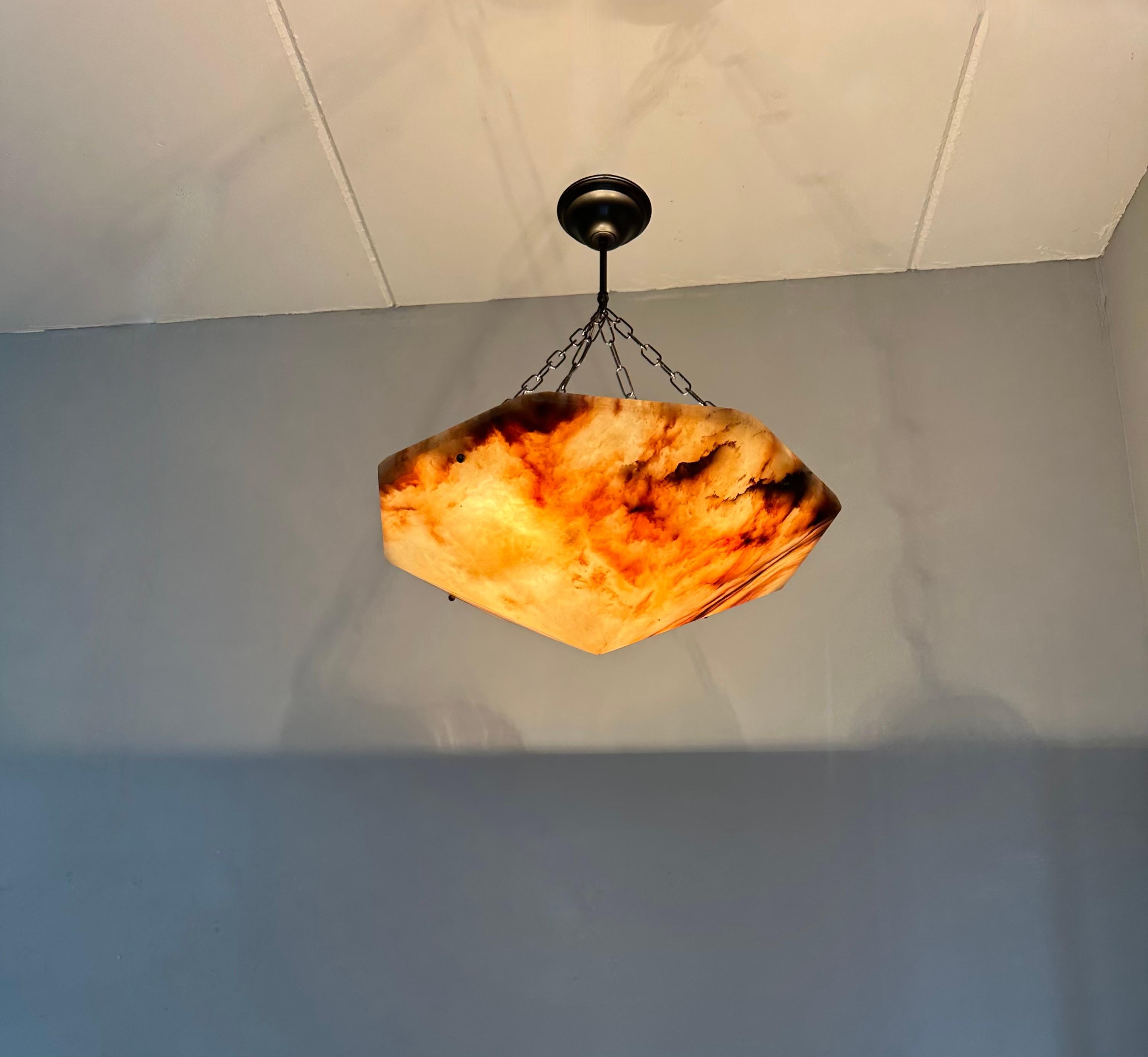 Brass Extra Large and Rare 22.6Ø Art Deco Diamond Shape Alabaster Pendant / Chandelier