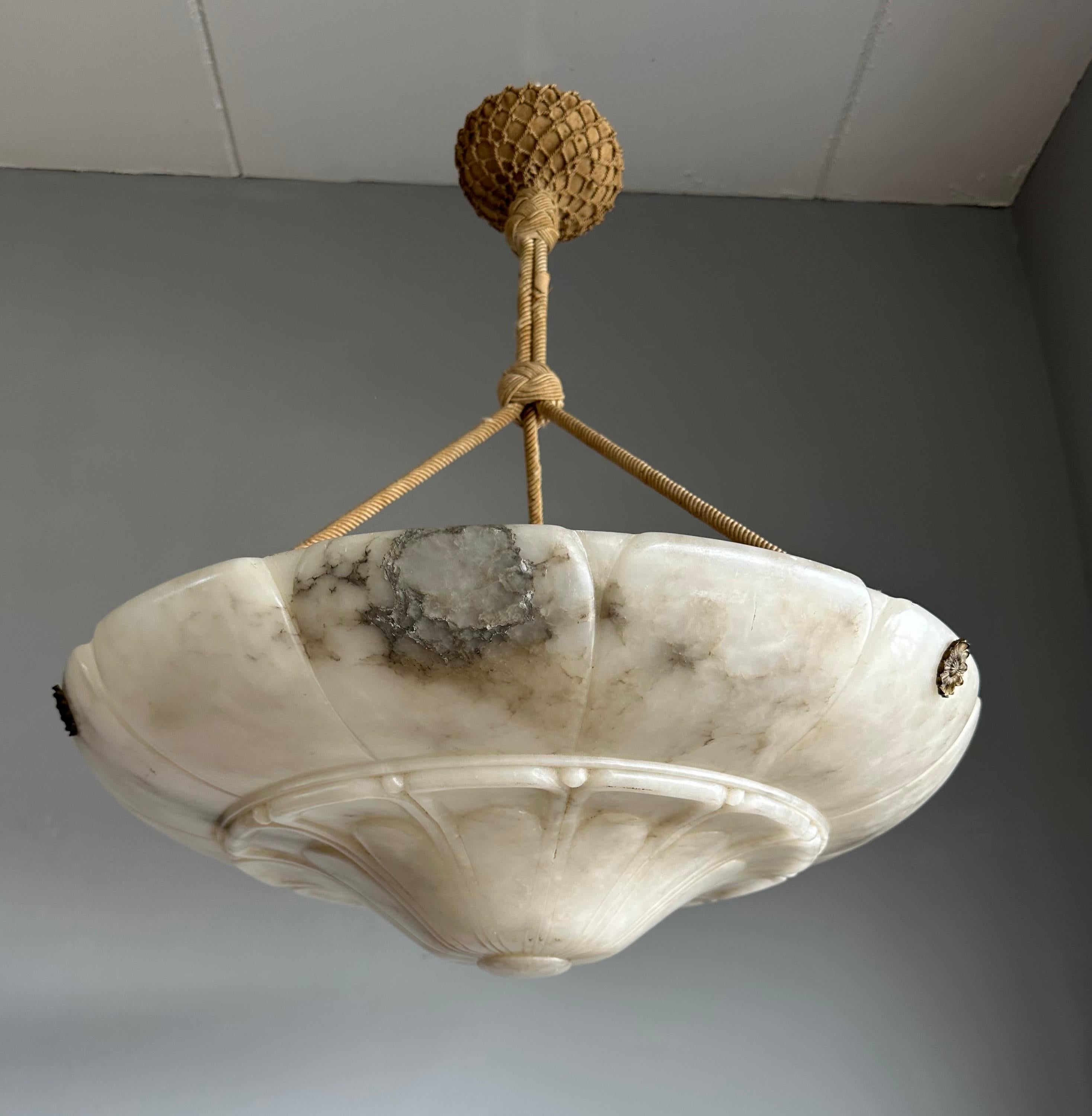 20th Century Extra Large 23.5Ø & Great Design Antique White Black Alabaster Chandelier w Rope For Sale