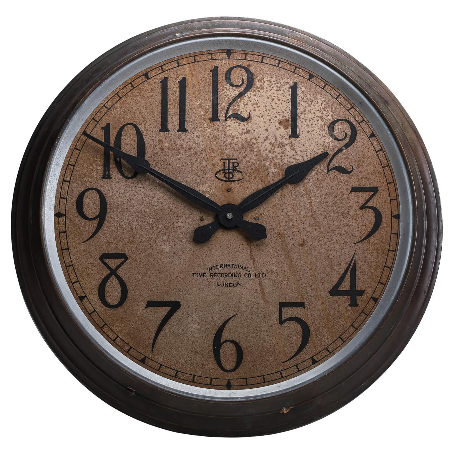 Extra Large 28 Inch Aged Copper International Time Recordings Wall Clock For Sale