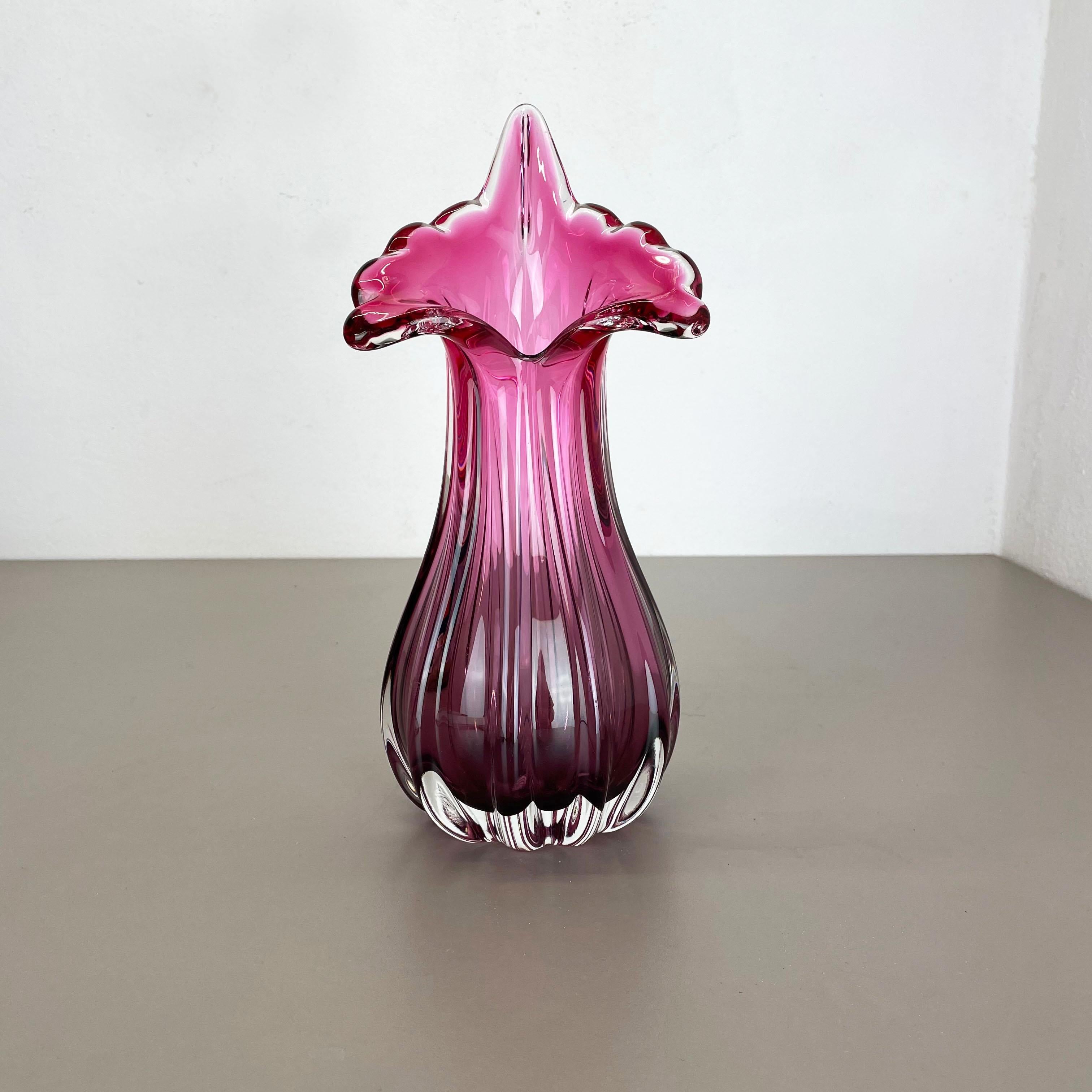 Mid-Century Modern Multi-Color Pink Floral Murano Glass Sommerso Vase Italy, 1970s