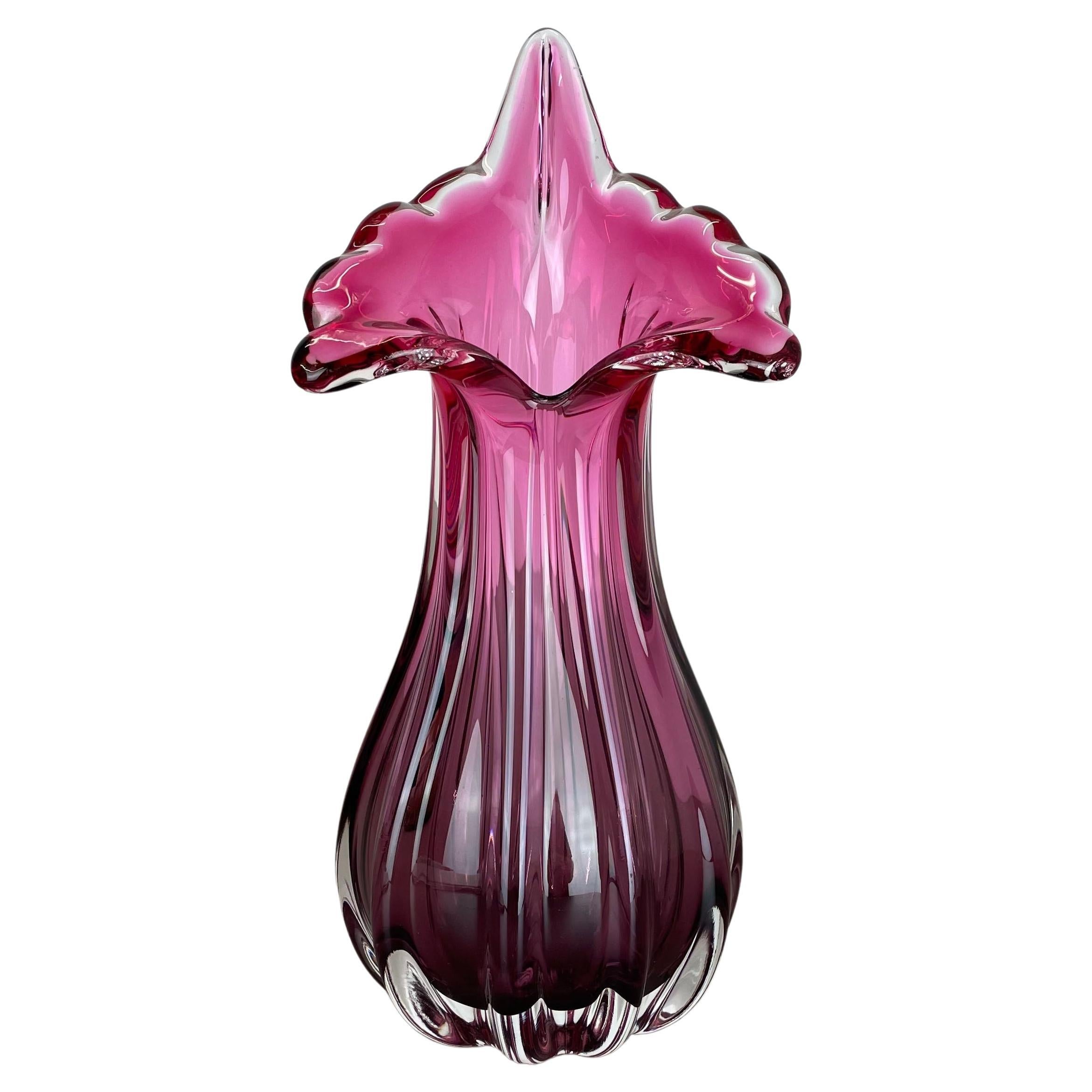 Multi-Color Pink Floral Murano Glass Sommerso Vase Italy, 1970s