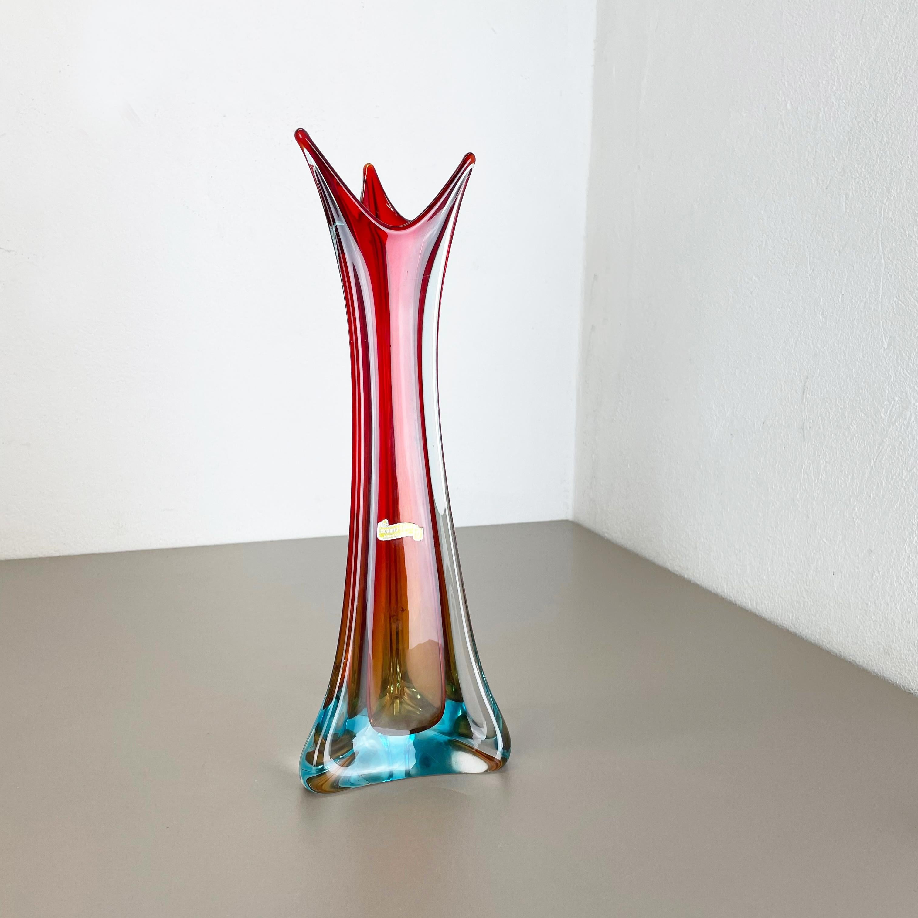 Mid-Century Modern Extra Large Organic Multi-Color Murano Glass Sommerso Vase Italy, 1970s For Sale