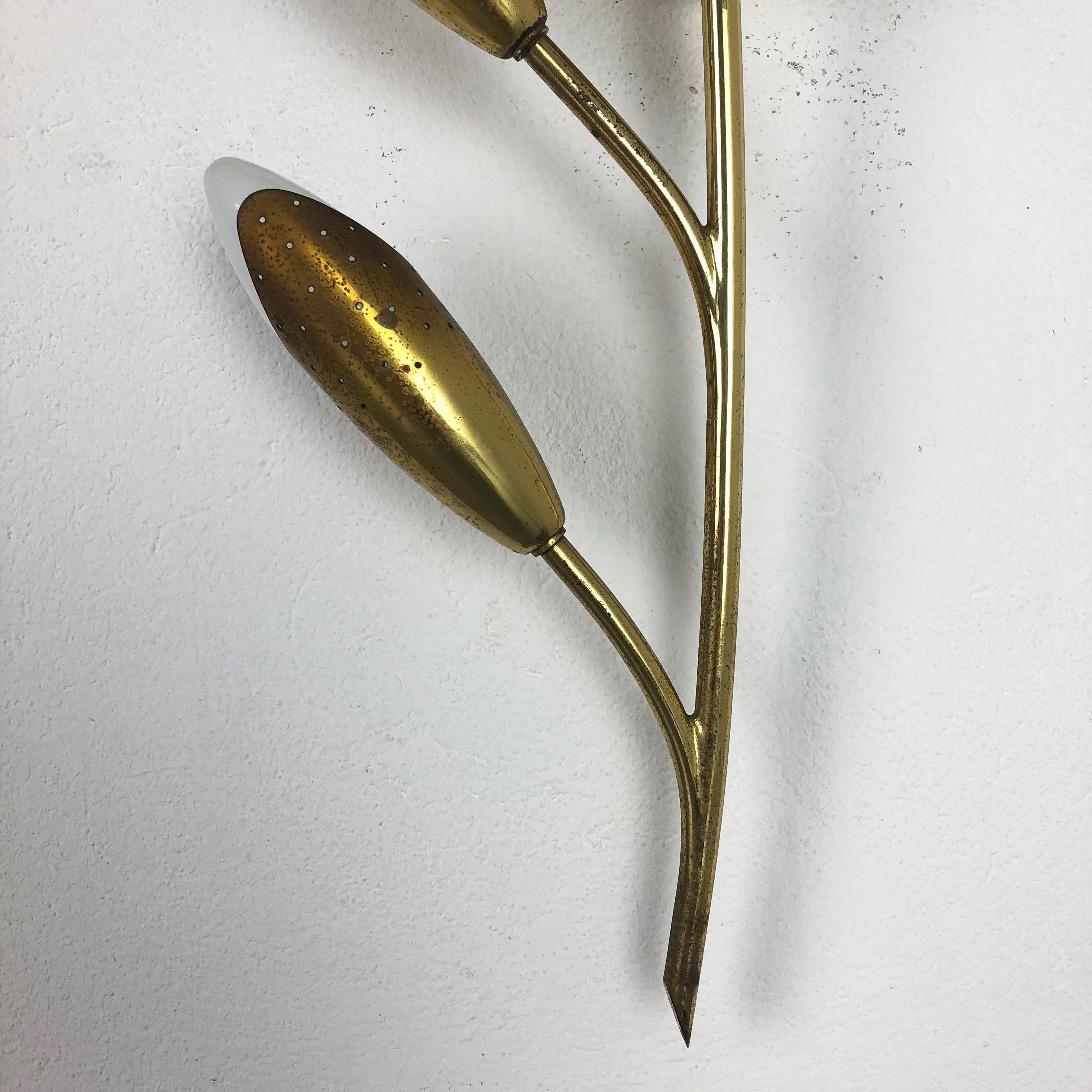 Metal Extra Large Modernist Brass Floral Theatre Wall Light Sconces, France, 1950