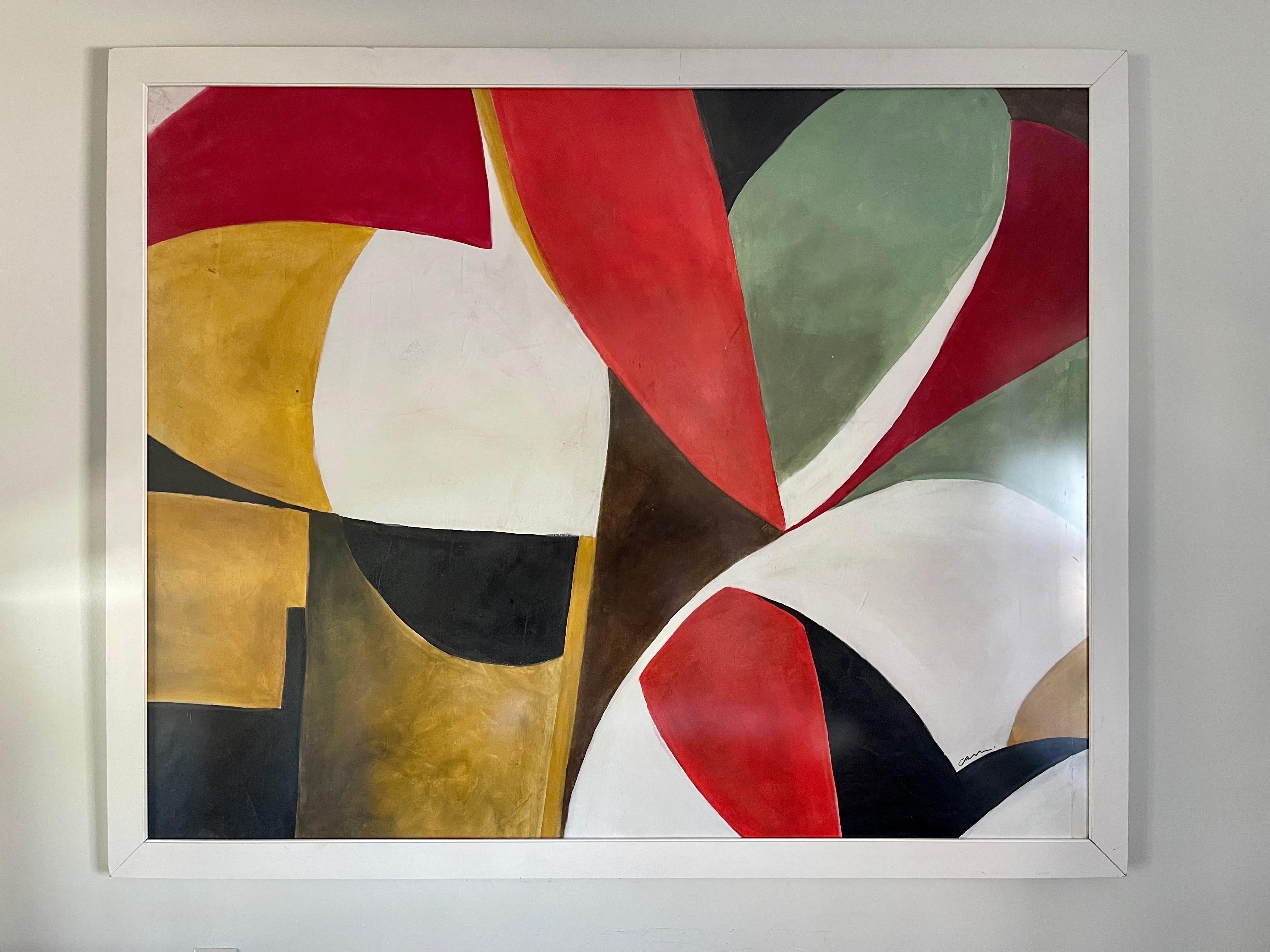 Abstract original signed painting by American contemporary artist Arlene Carr. Signed at lower right. Displayed in a modern white frame. This is an extra large piece measuring 65 inches wide by 54 inches tall and will set any room apart.
A