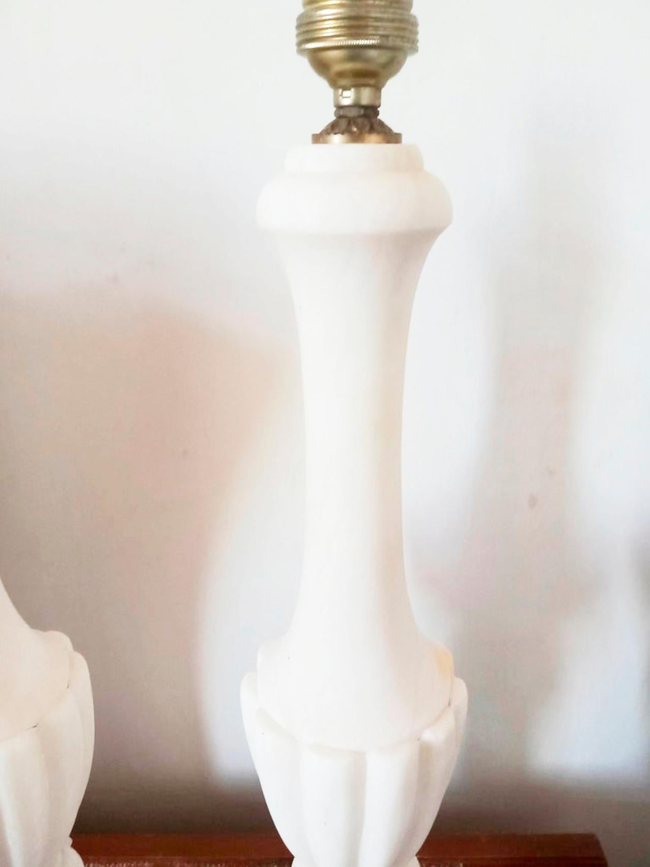 Carved  Extra Large Alabaster or Mrble Table Lamps  White Color 57 cm (without screens) For Sale