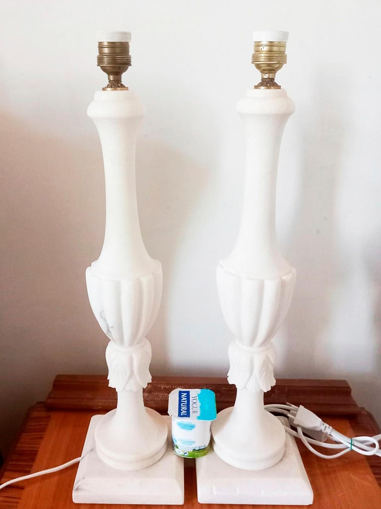 Medieval  Extra Large Alabaster or Mrble Table Lamps  White Color 57 cm (without screens) For Sale