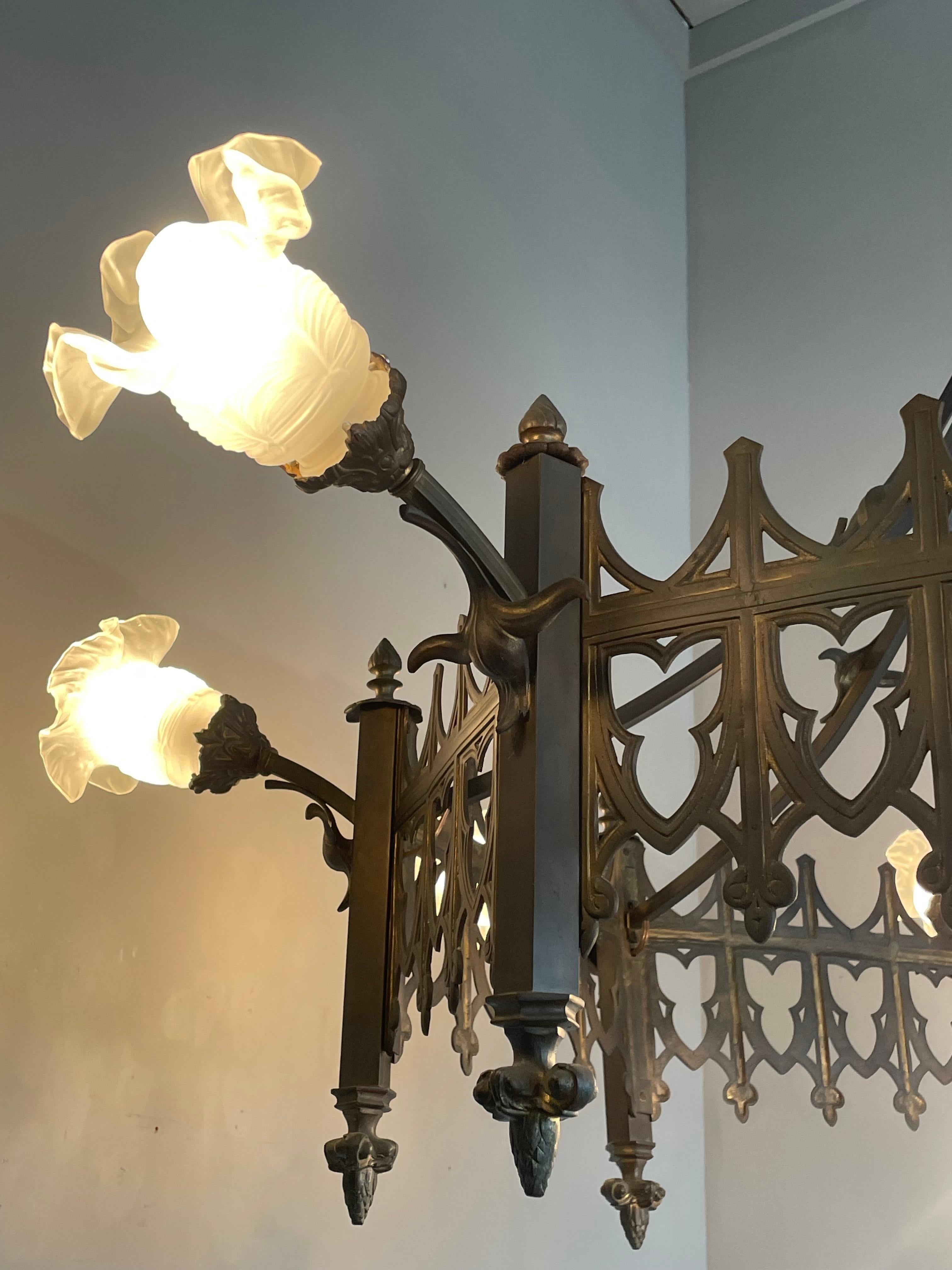 Extra Large Antique Bronze & Brass Gothic Revival Church or Chateau Chandelier 6