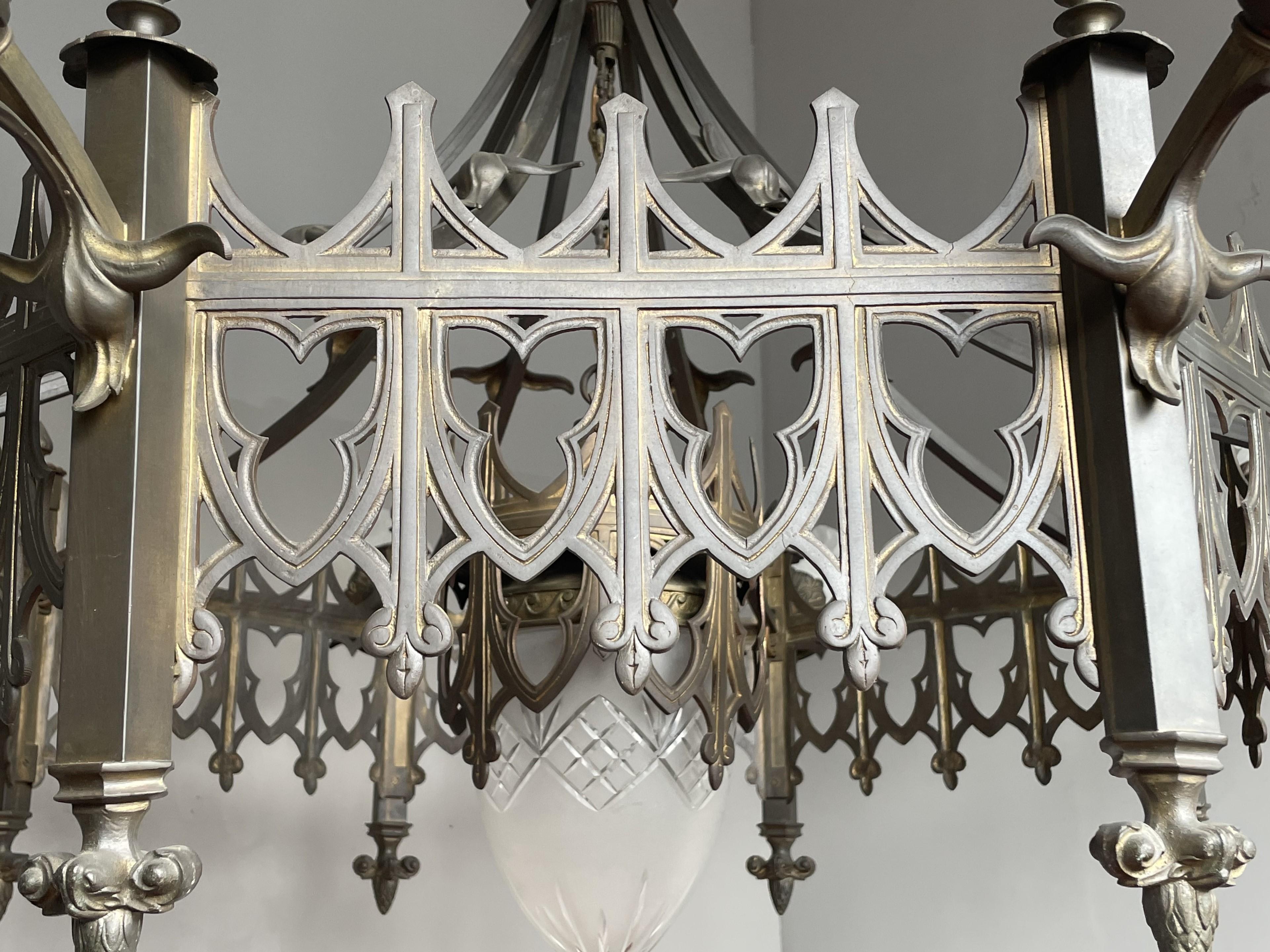 Extra Large Antique Bronze & Brass Gothic Revival Church or Chateau Chandelier 8