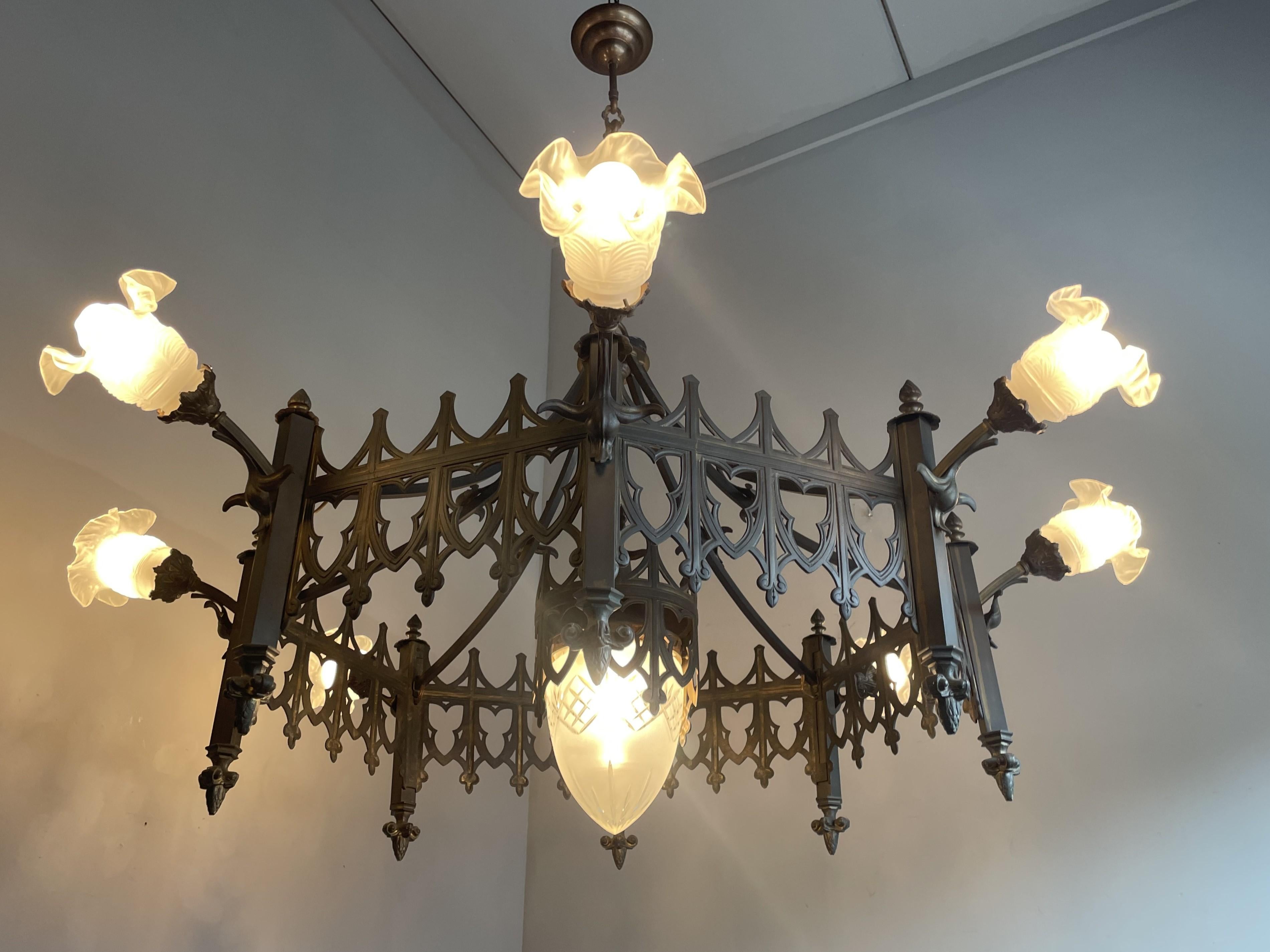 Extra Large Antique Bronze & Brass Gothic Revival Church or Chateau Chandelier 9