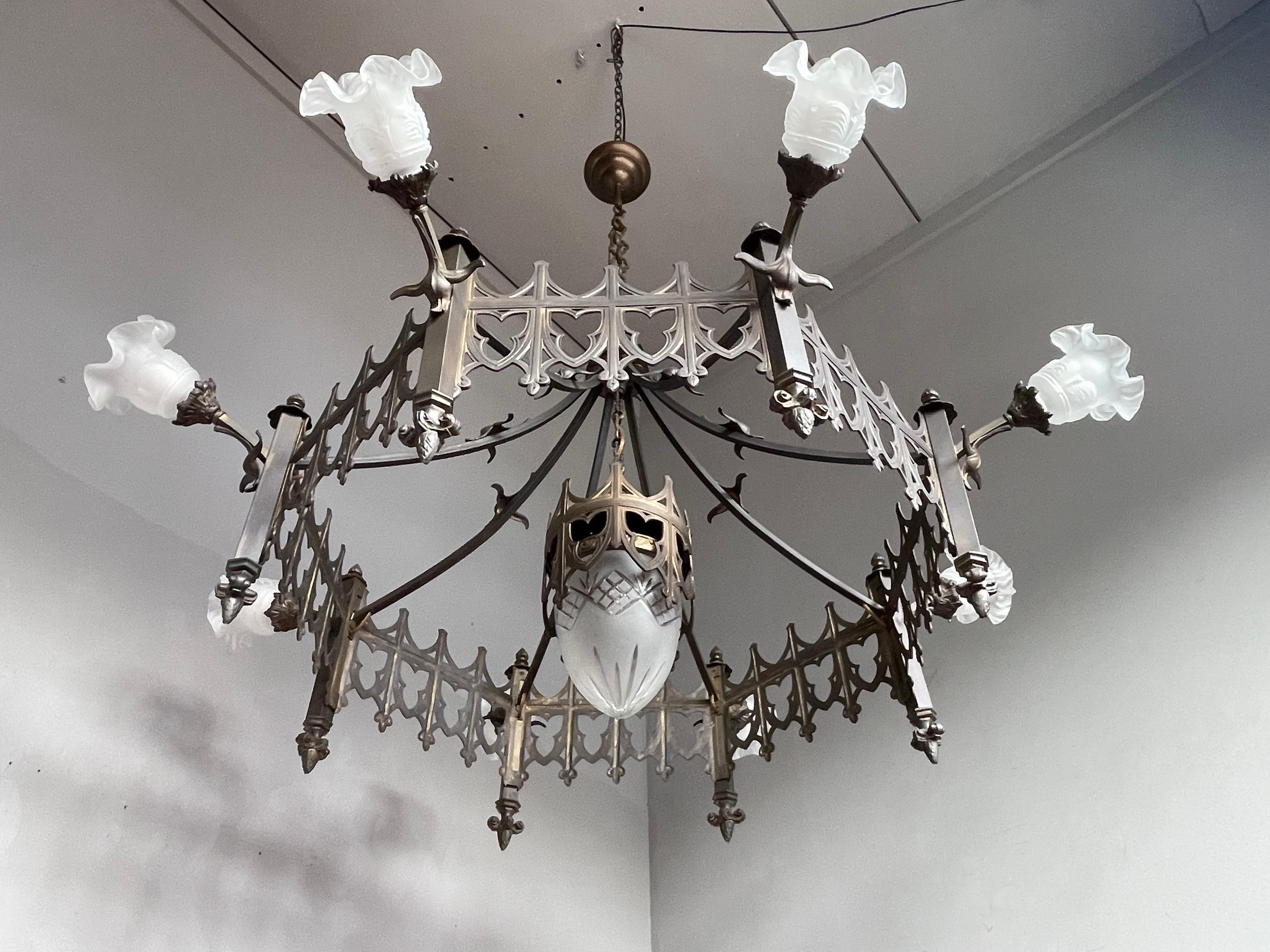 Extra Large Antique Bronze & Brass Gothic Revival Church or Chateau Chandelier 10