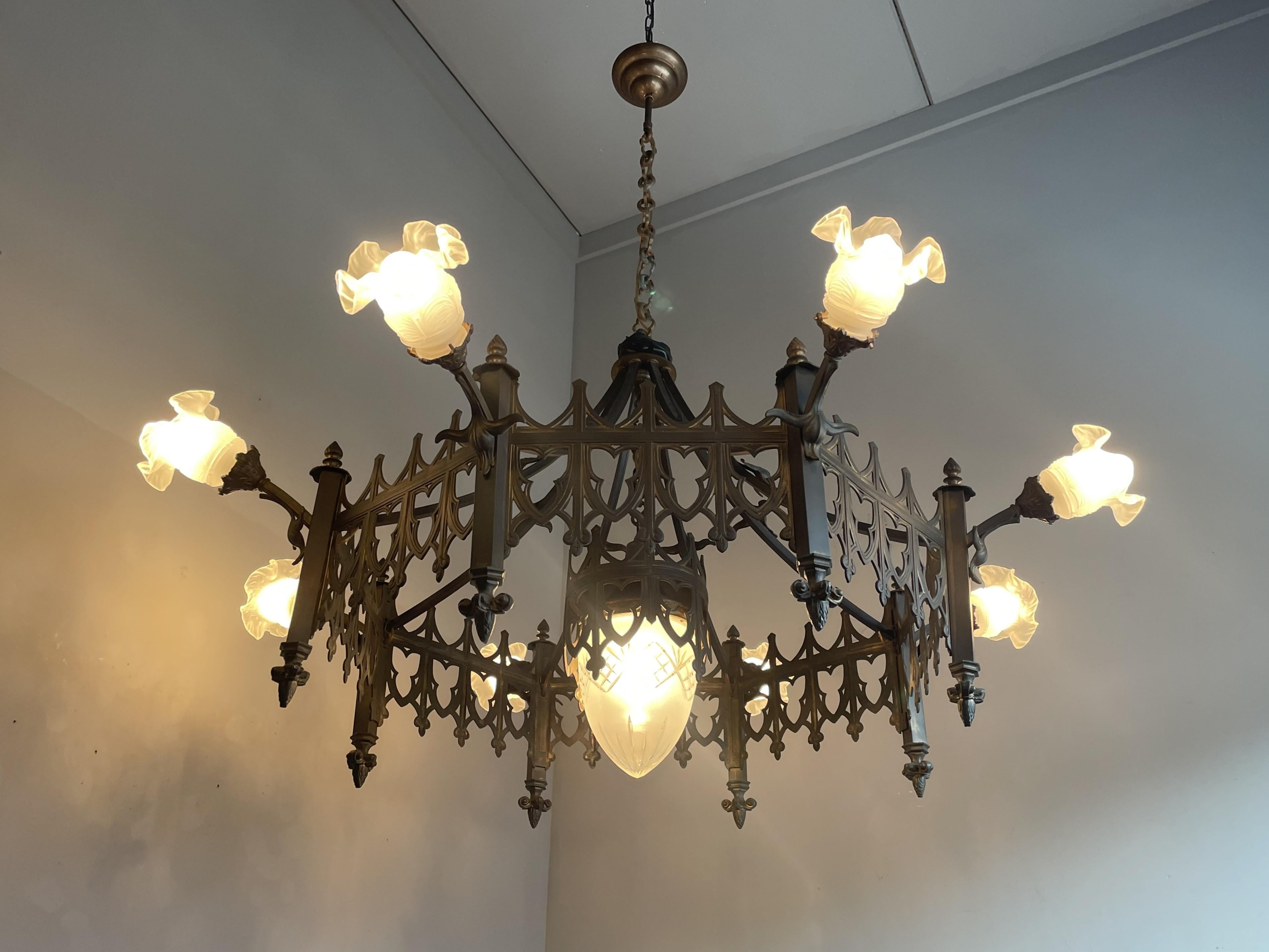 Extra Large Antique Bronze & Brass Gothic Revival Church or Chateau Chandelier 11