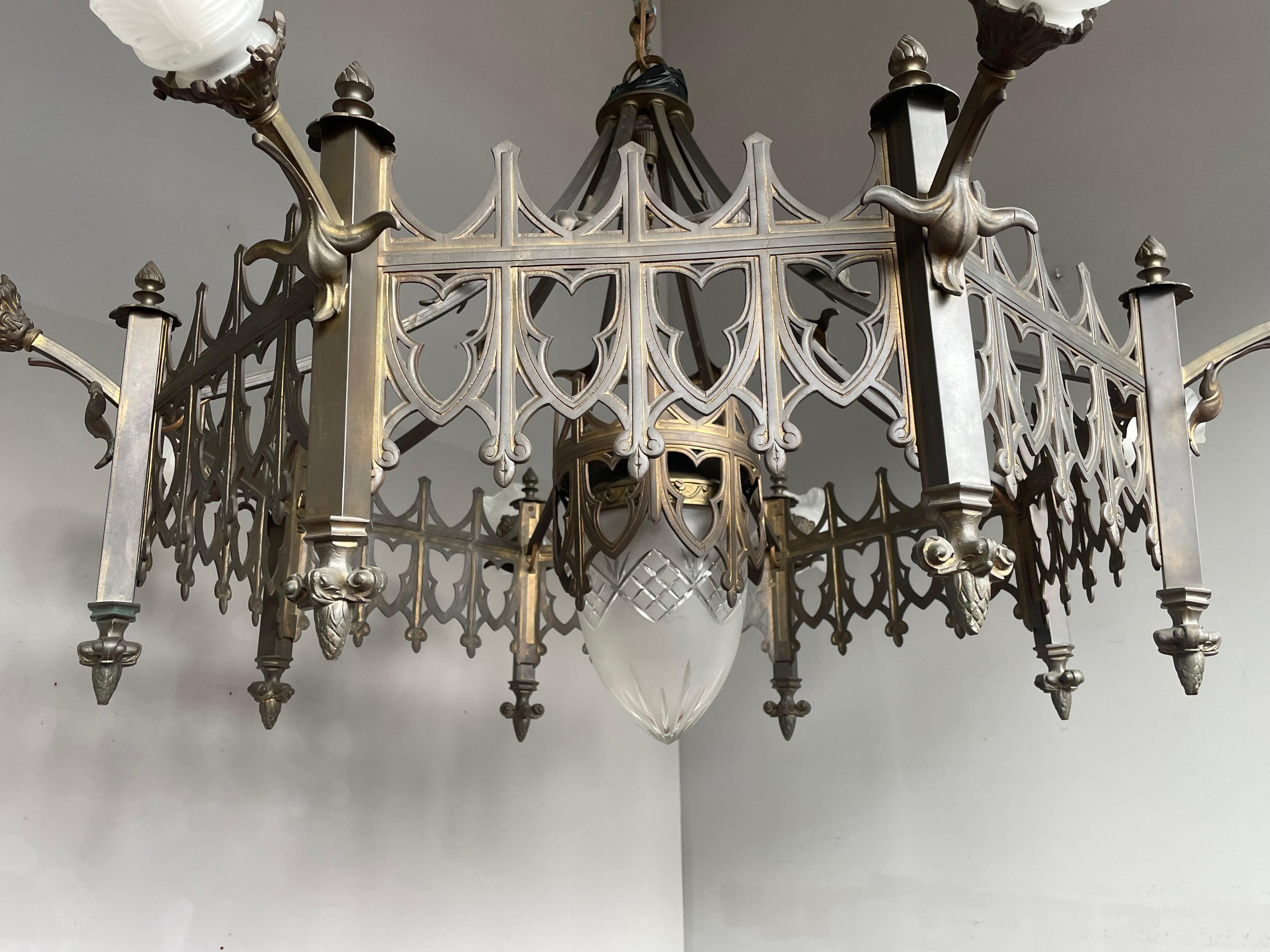 Extra Large Antique Bronze & Brass Gothic Revival Church or Chateau Chandelier 12