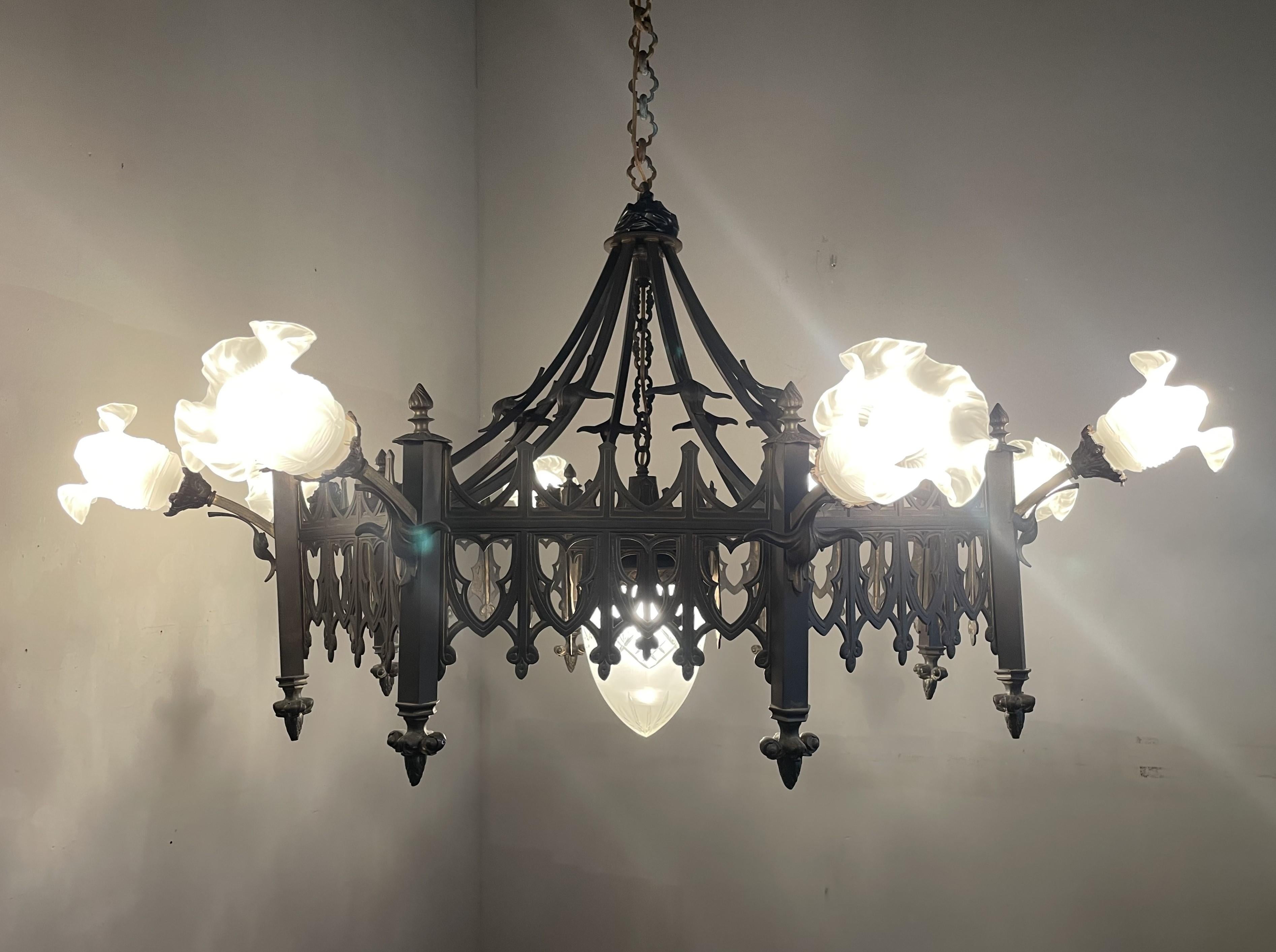 Extra Large Antique Bronze & Brass Gothic Revival Church or Chateau Chandelier 13
