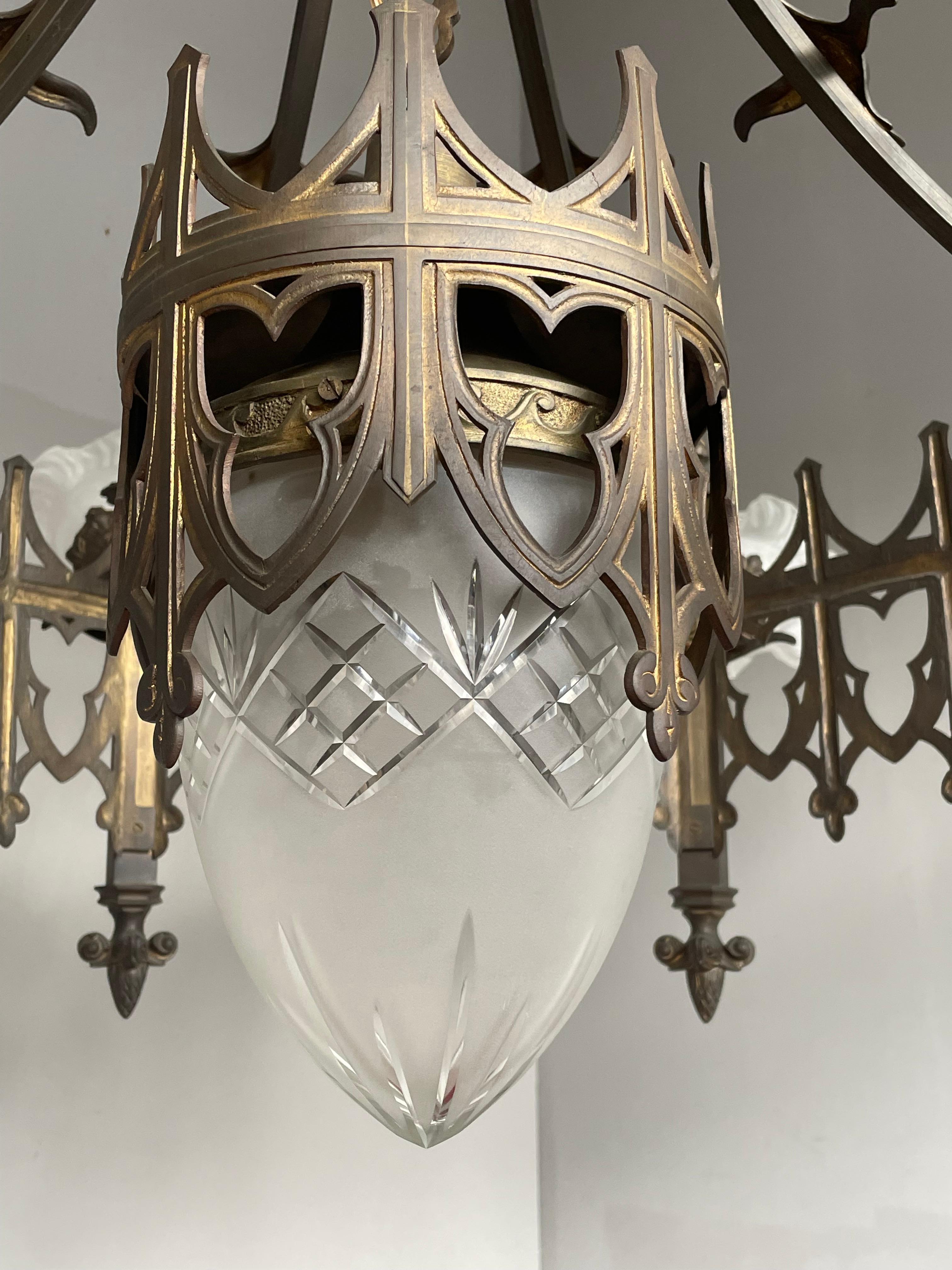 Extra Large Antique Bronze & Brass Gothic Revival Church or Chateau Chandelier 14