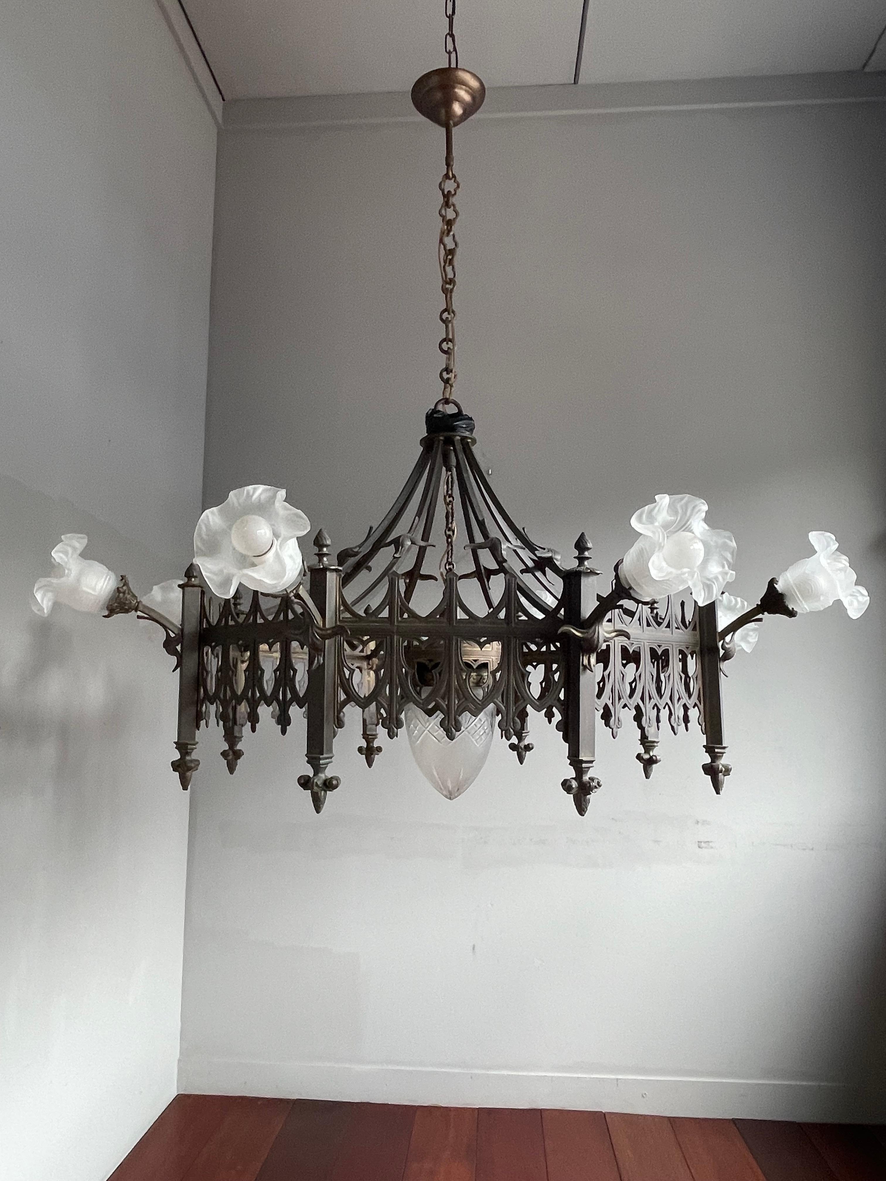 French Extra Large Antique Bronze & Brass Gothic Revival Church or Chateau Chandelier