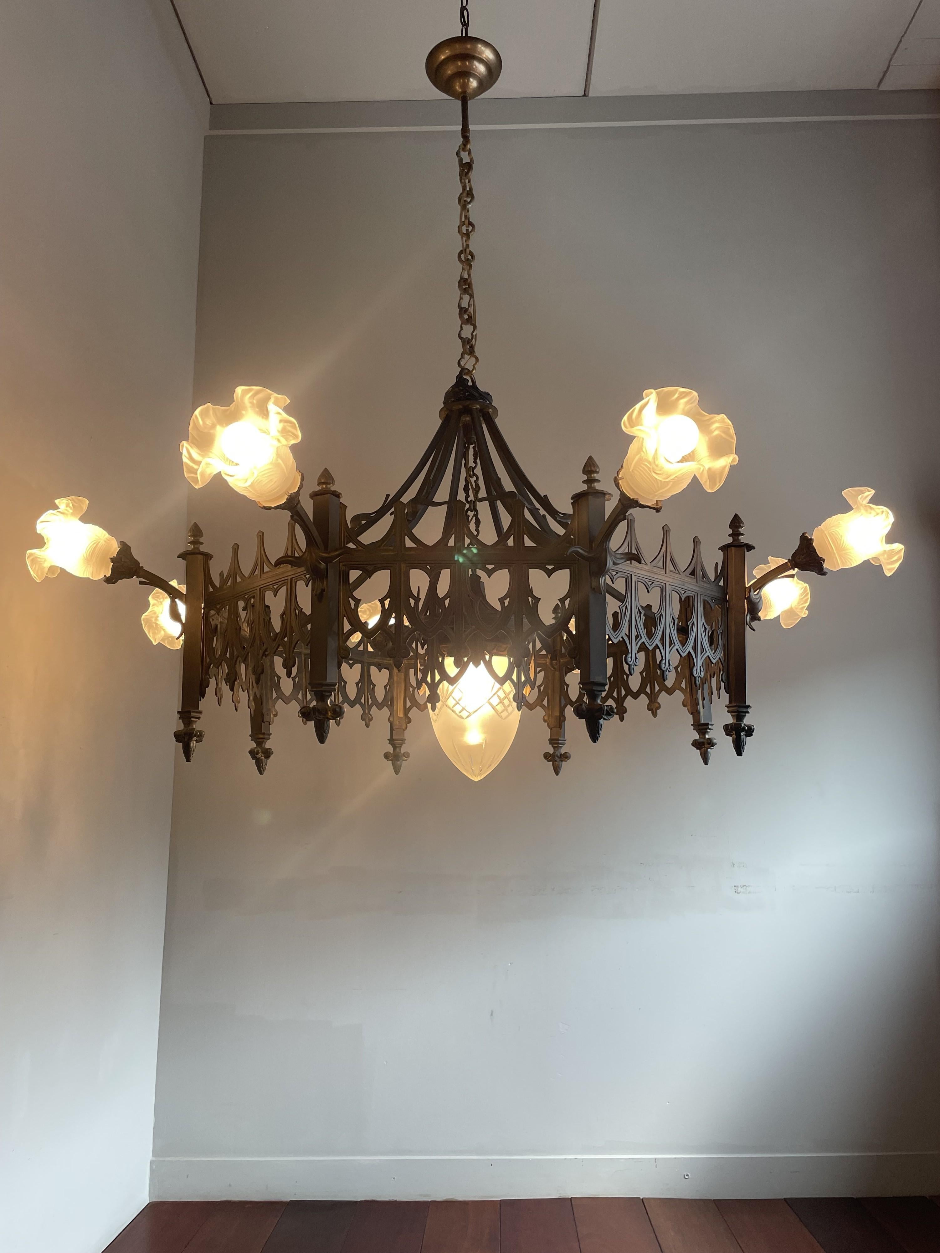 Cast Extra Large Antique Bronze & Brass Gothic Revival Church or Chateau Chandelier