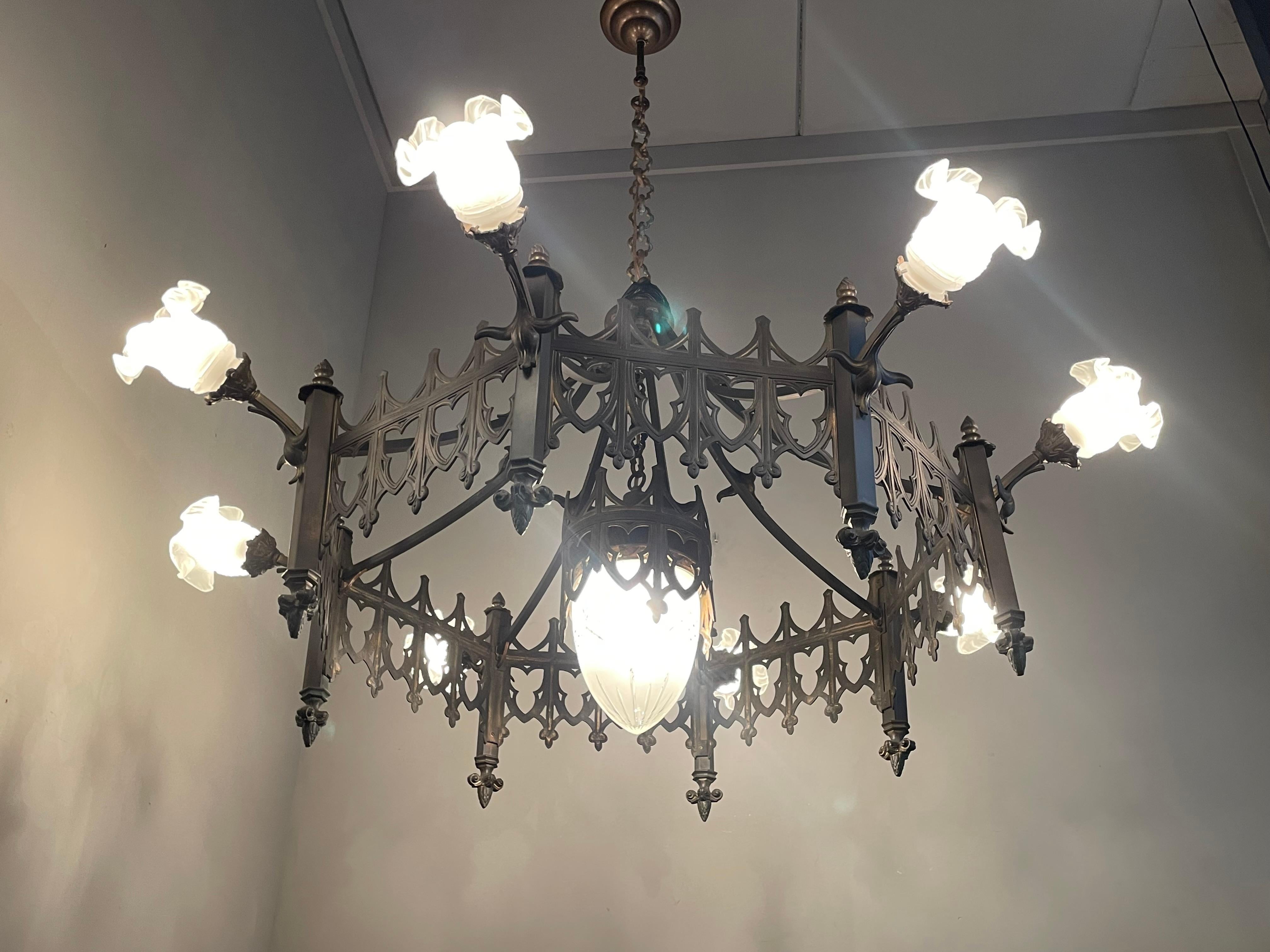 20th Century Extra Large Antique Bronze & Brass Gothic Revival Church or Chateau Chandelier