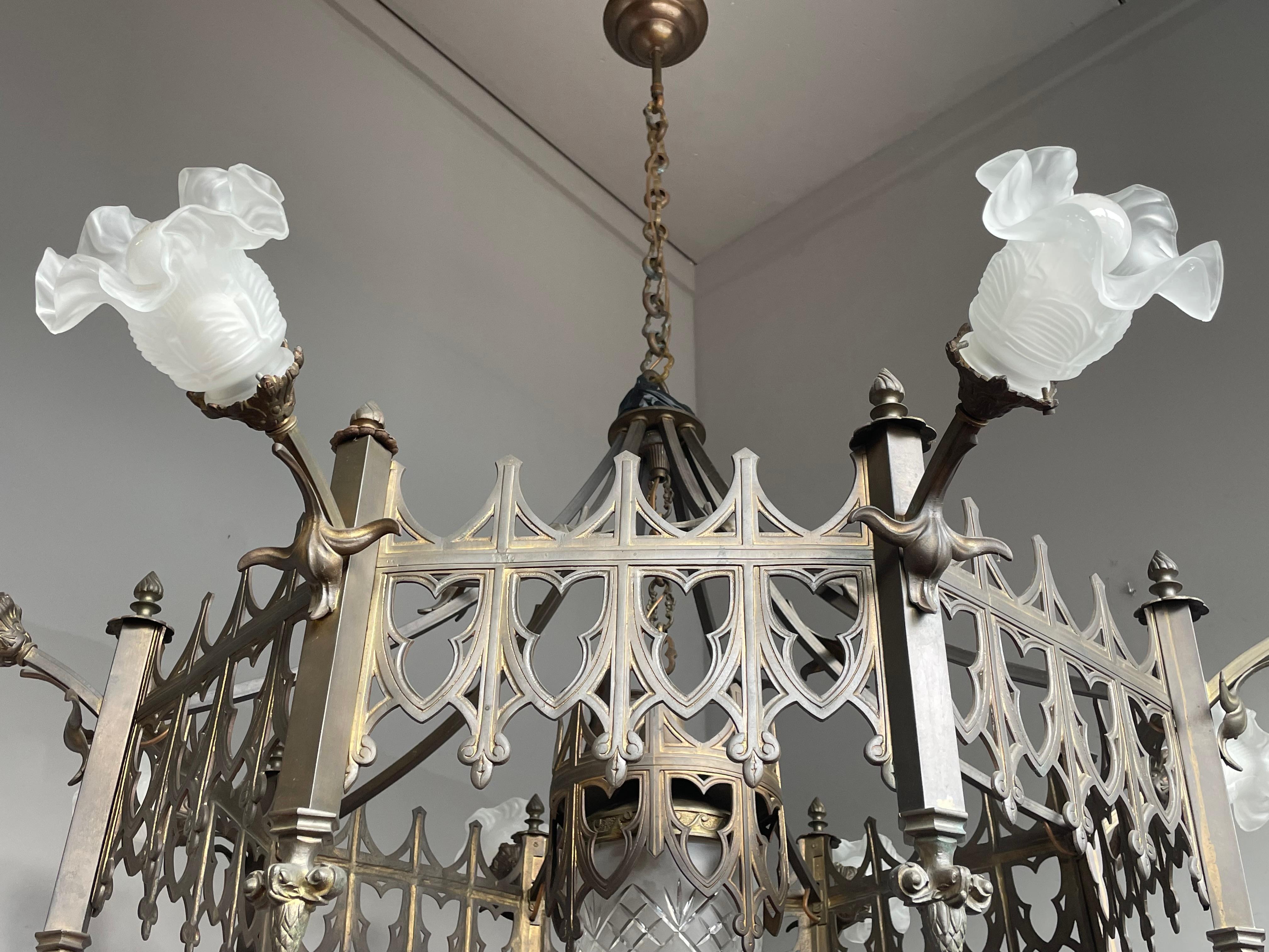 Extra Large Antique Bronze & Brass Gothic Revival Church or Chateau Chandelier 1
