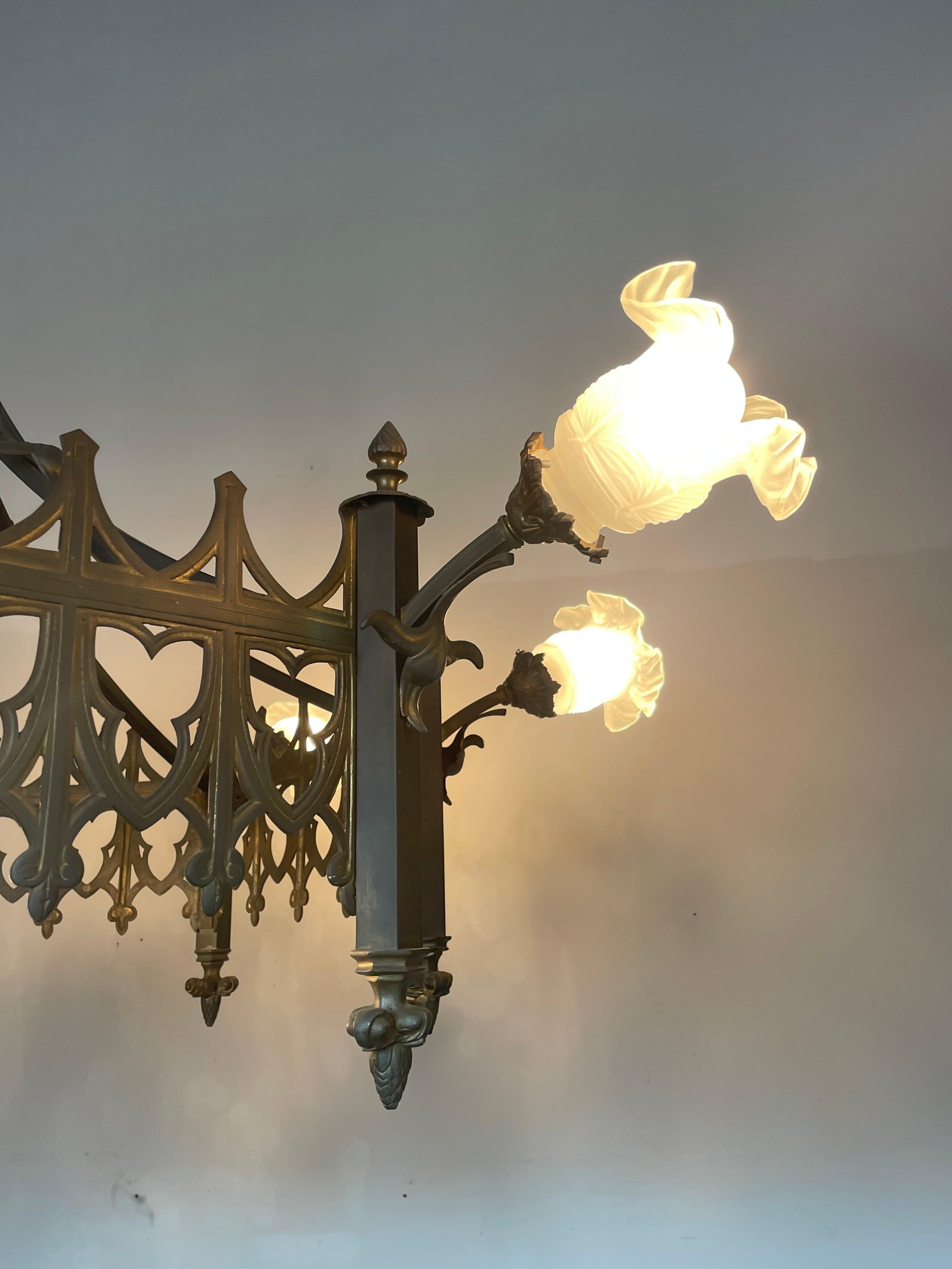 Extra Large Antique Bronze & Brass Gothic Revival Church or Chateau Chandelier 2