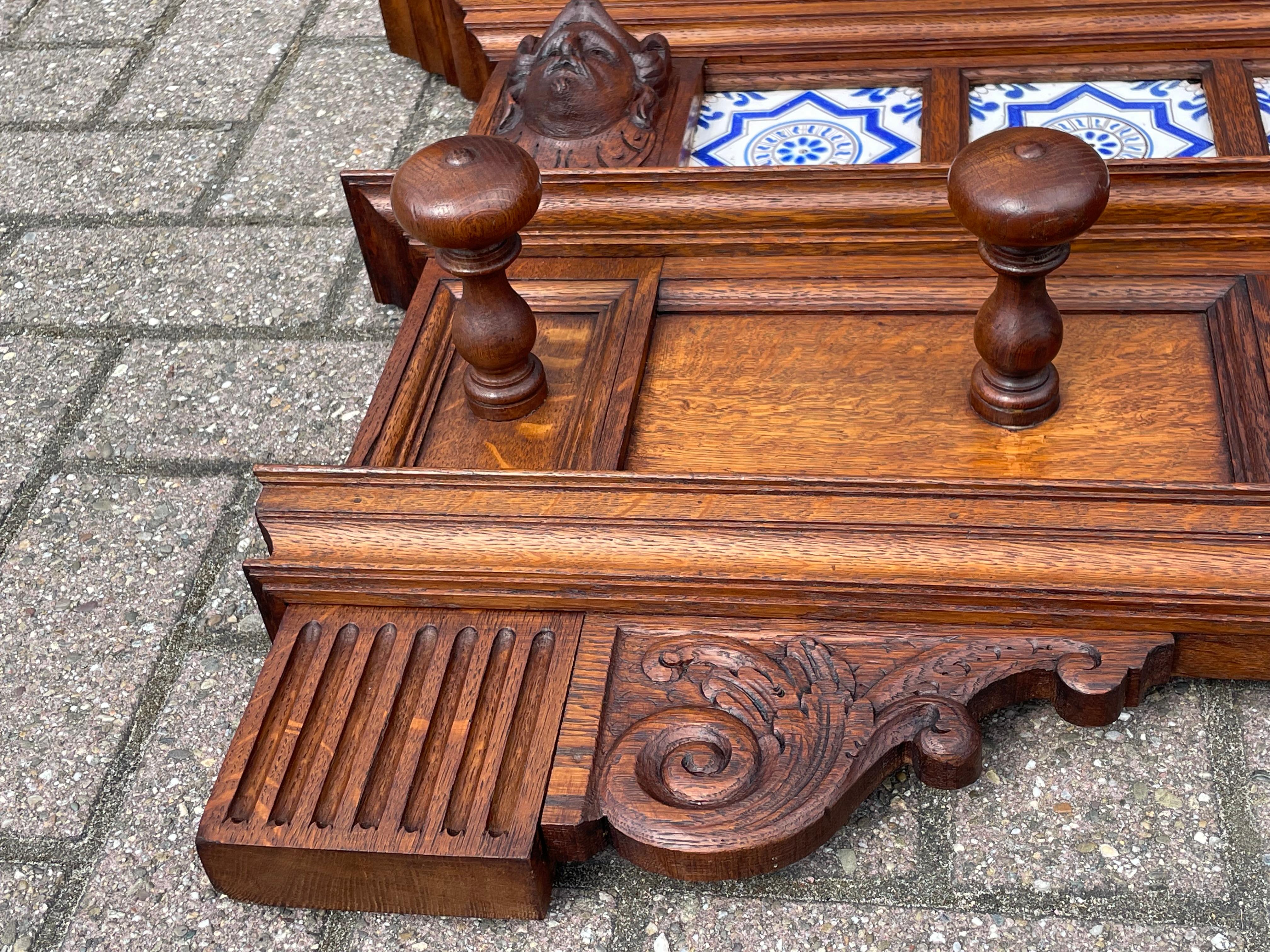 Extra Large Antique Hand Carved Wall Coat Rack w. Rare Eight Pointed Star Tiles 8