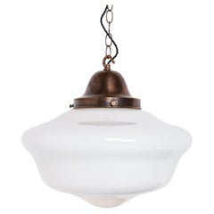 Extra Large Used Opaline School House Pendant Light with Brass Fittings