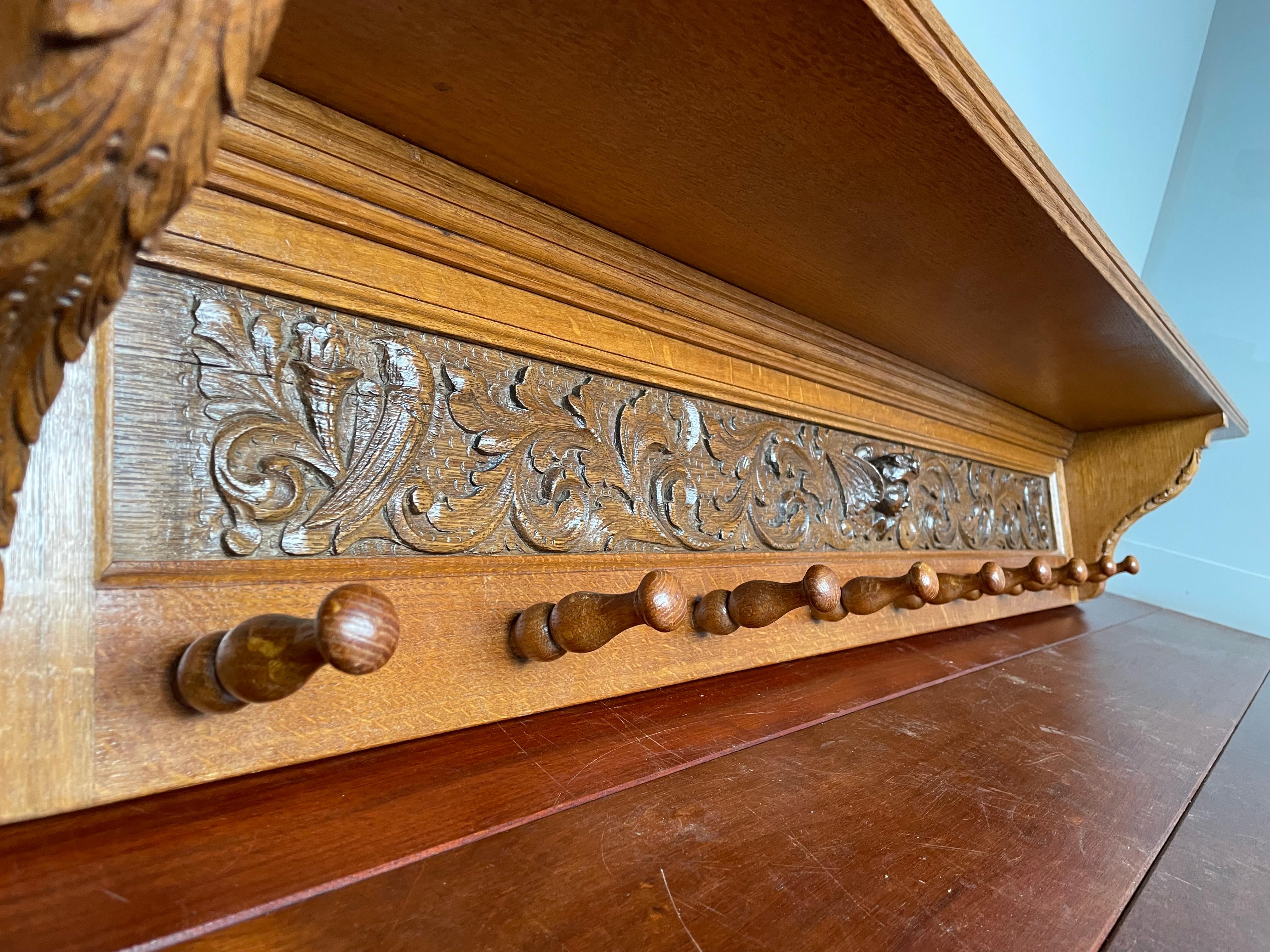 Extra Large Antique Renaissance Revival Quality Carved Tiger Oak Wall Coat Rack For Sale 11
