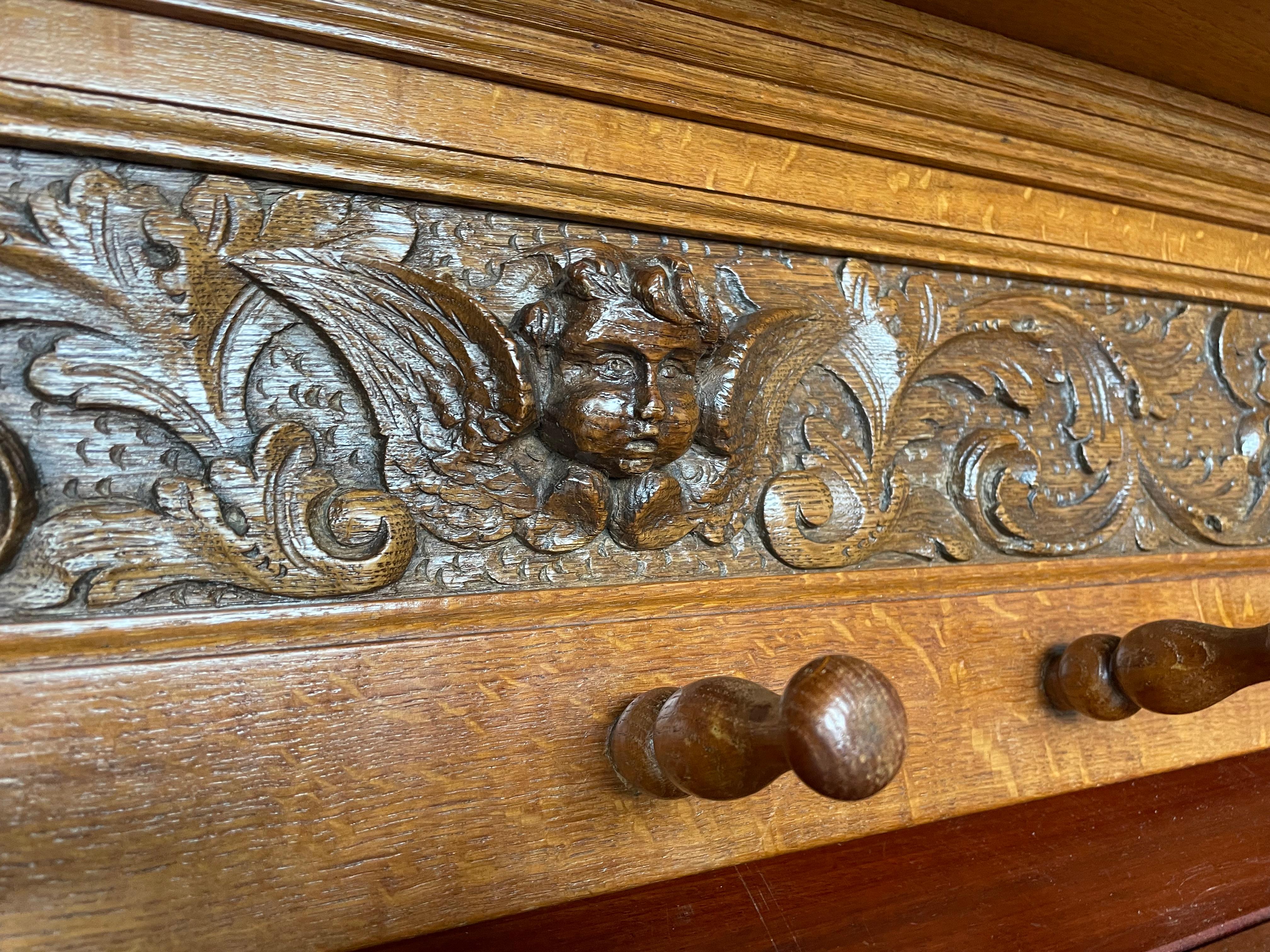 Metal Extra Large Antique Renaissance Revival Quality Carved Tiger Oak Wall Coat Rack For Sale