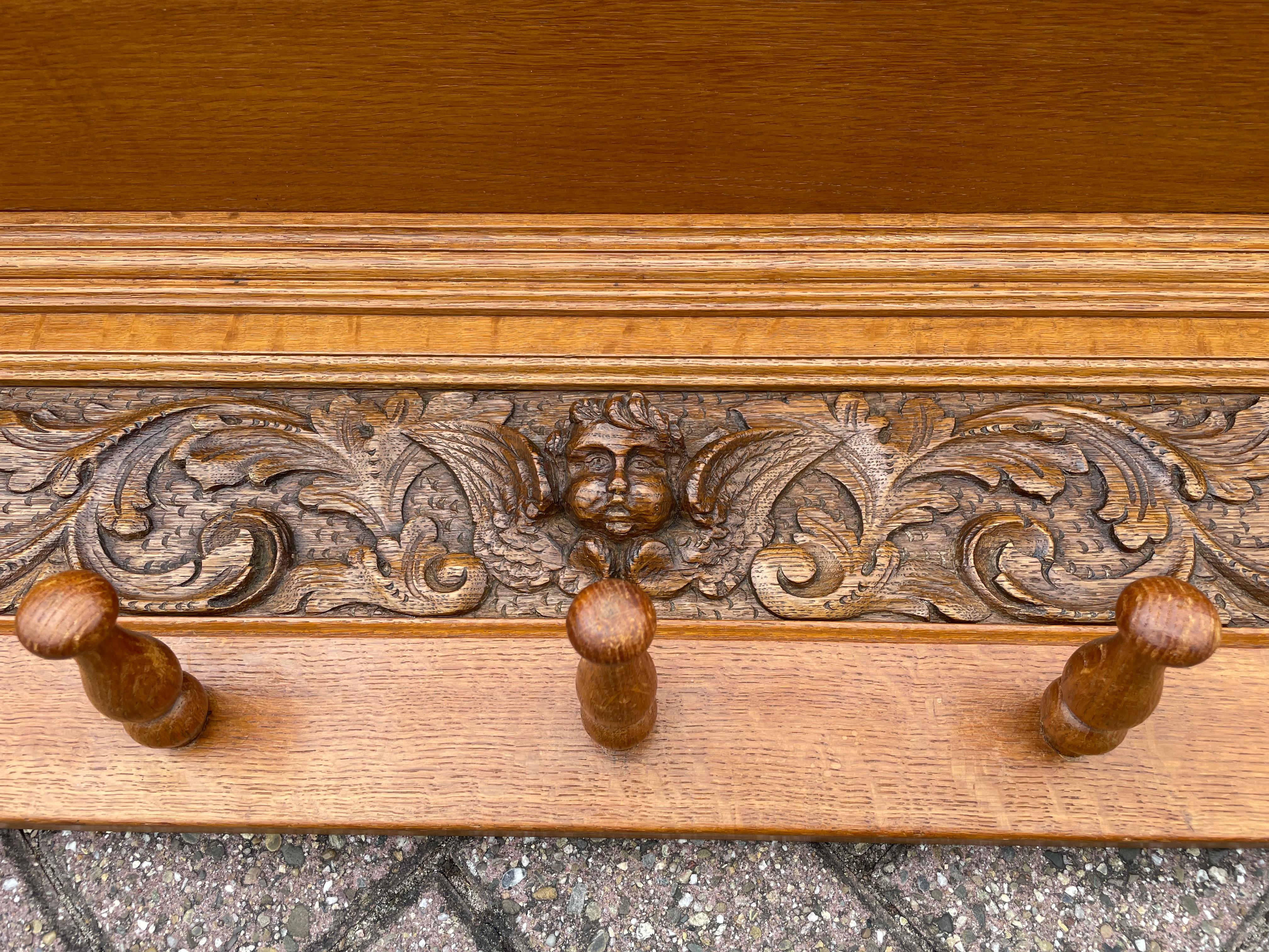 Extra Large Antique Renaissance Revival Quality Carved Tiger Oak Wall Coat Rack For Sale 1