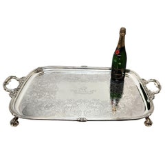 Vassoio da portata / vassoio da tè extra large in argento antico a due manici, 1909