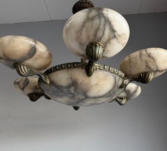 Extra Large Antique White & Black 7x Alabaster Shades & Bronze Chandelier 1910