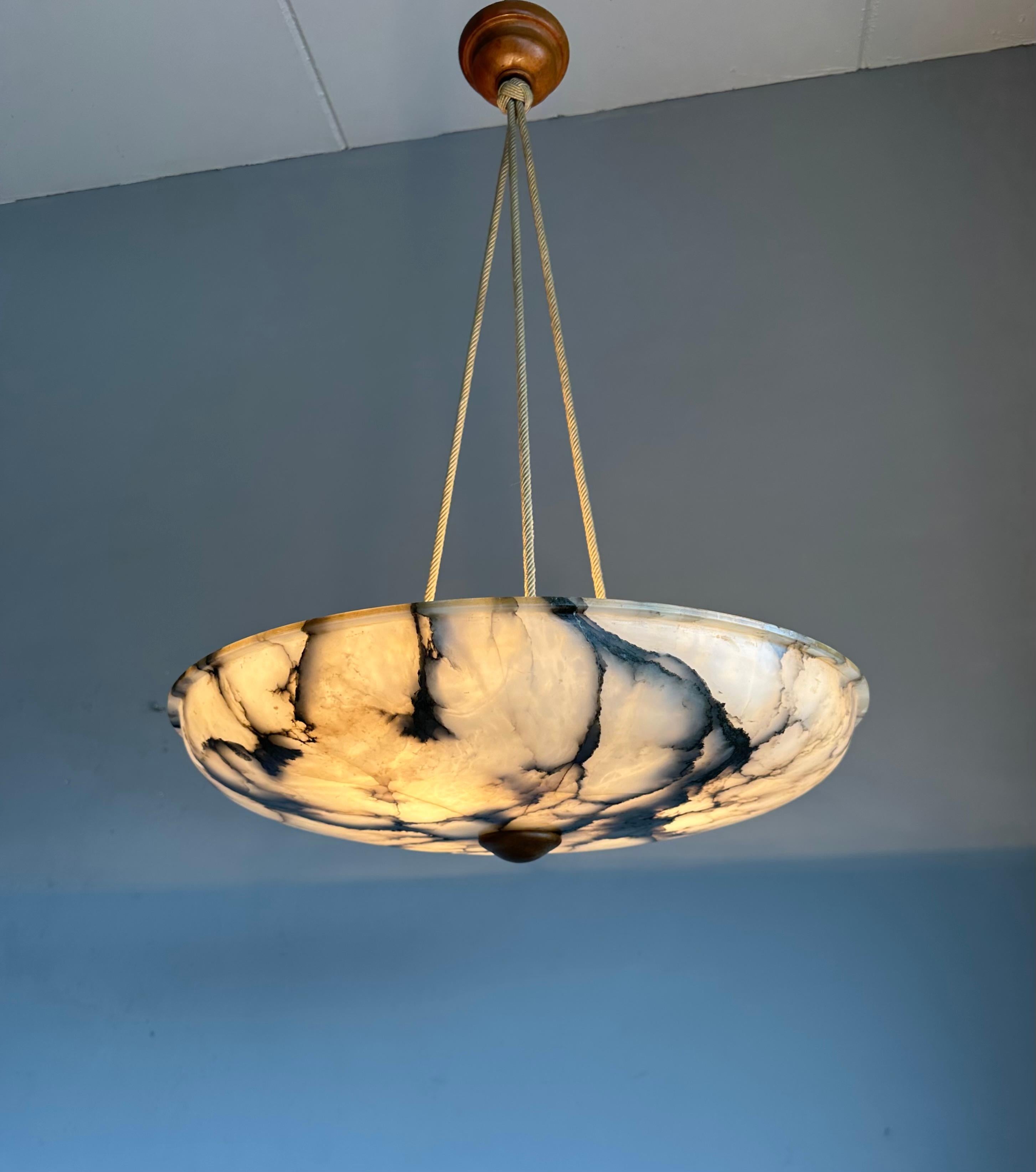 Extra Large Antique White & Black Alabaster Chandelier / Pendant Light with Rope For Sale 3
