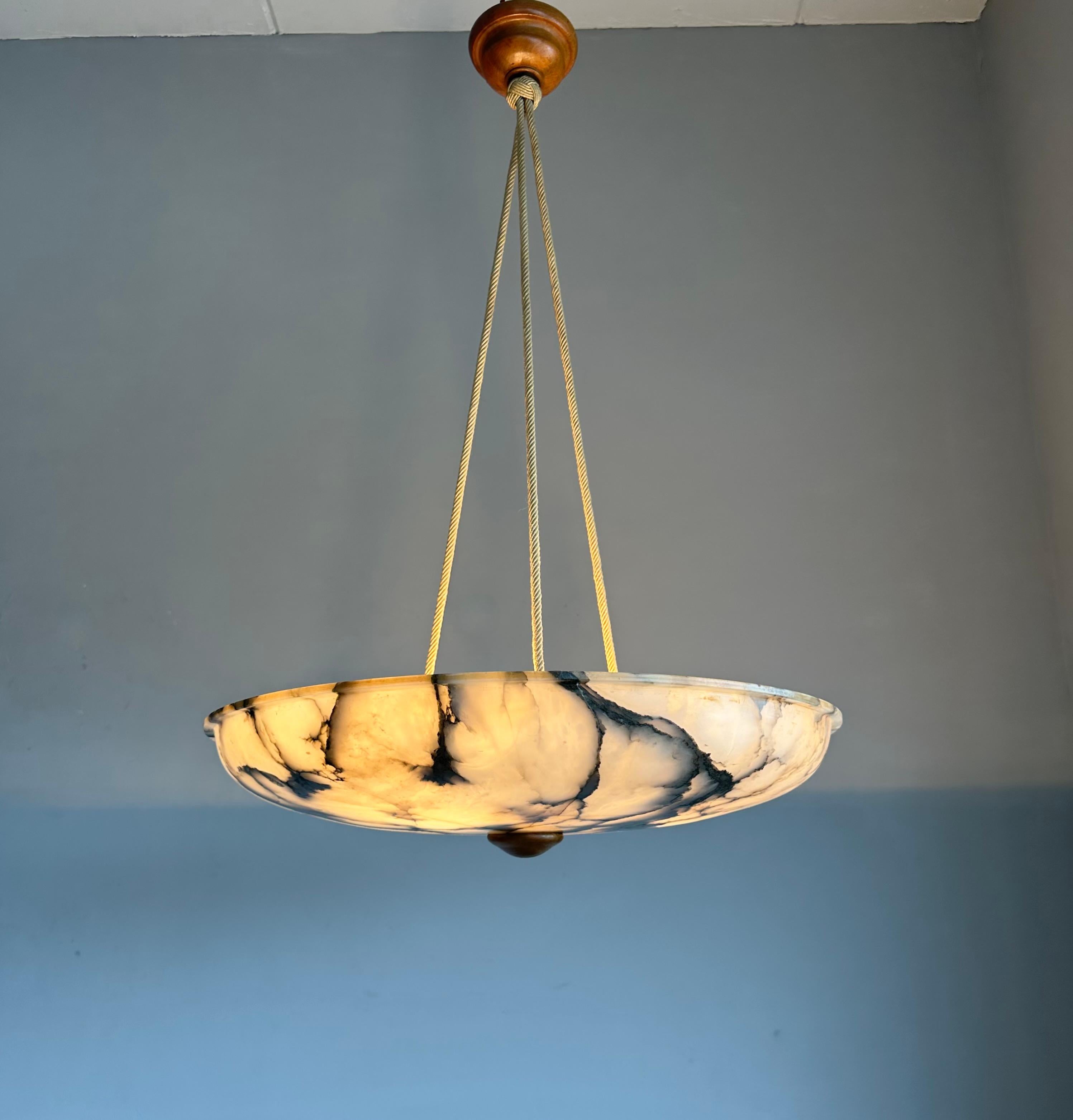 Extra Large Antique White & Black Alabaster Chandelier / Pendant Light with Rope For Sale 2