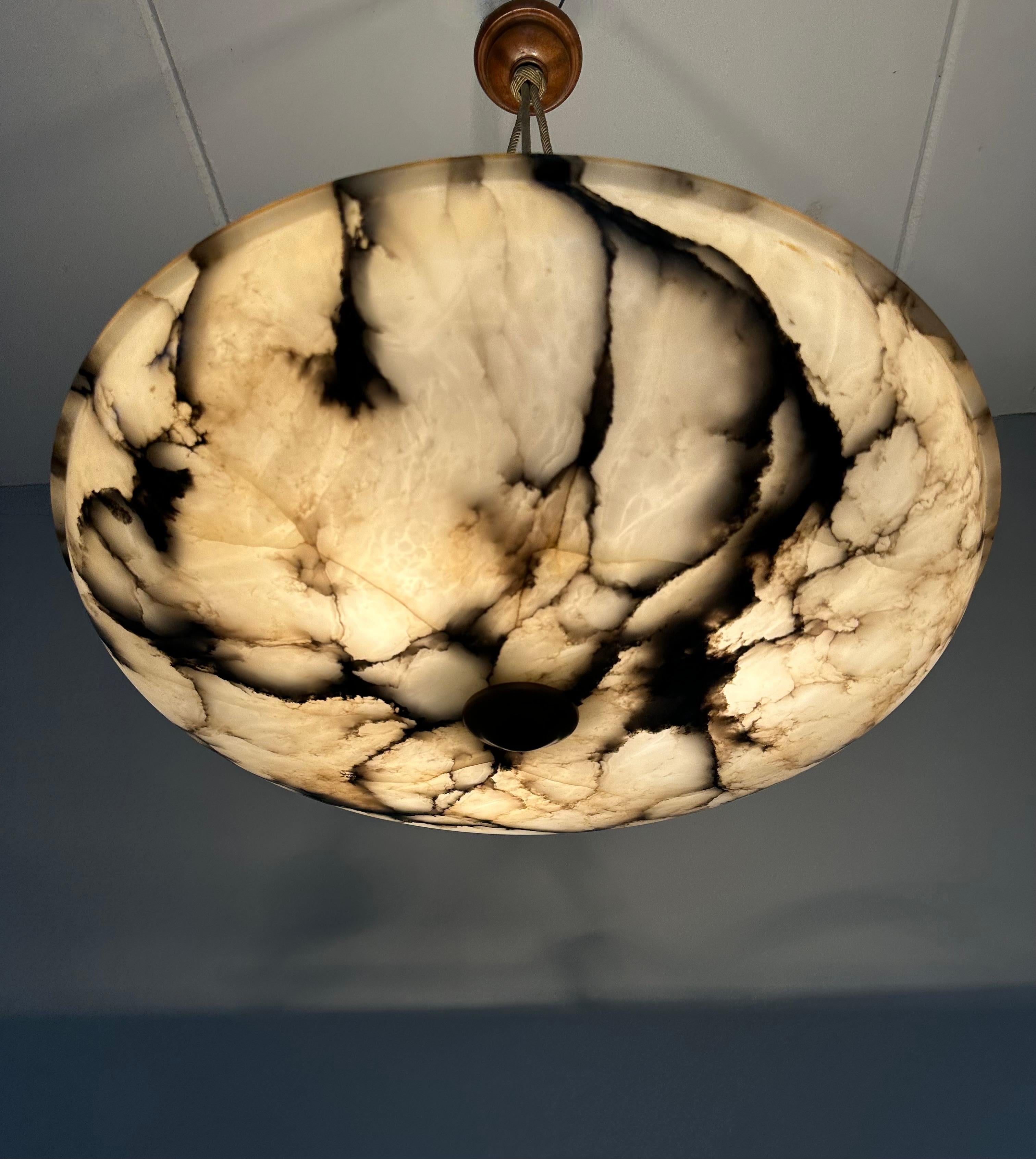 20th Century Extra Large Antique White & Black Alabaster Chandelier / Pendant Light with Rope For Sale